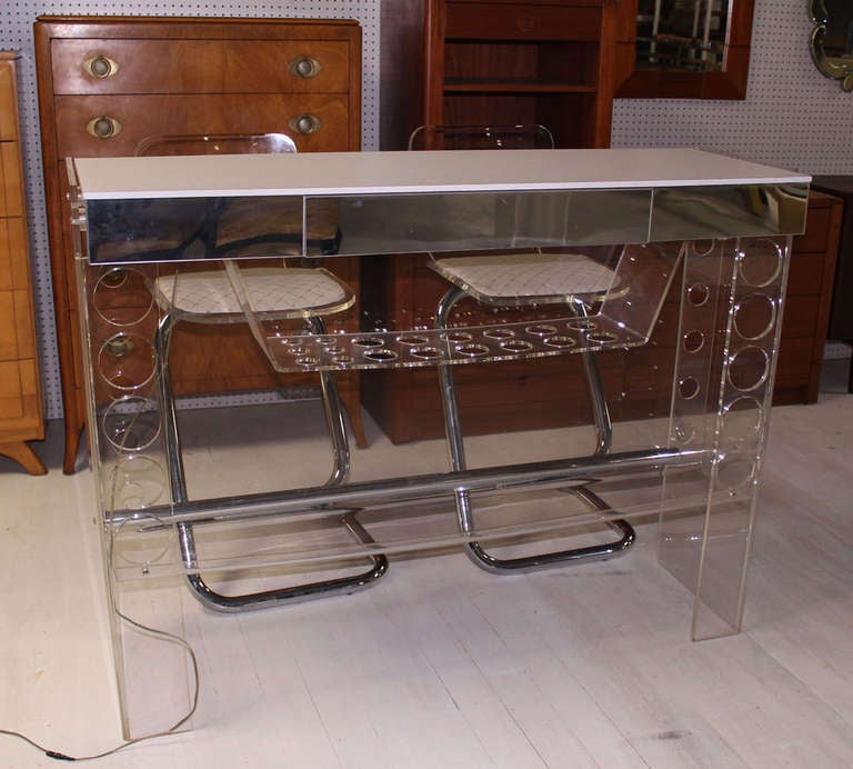 Mid Century Modern Chrome Lucite Bar with Two Bar Stools  For Sale 1
