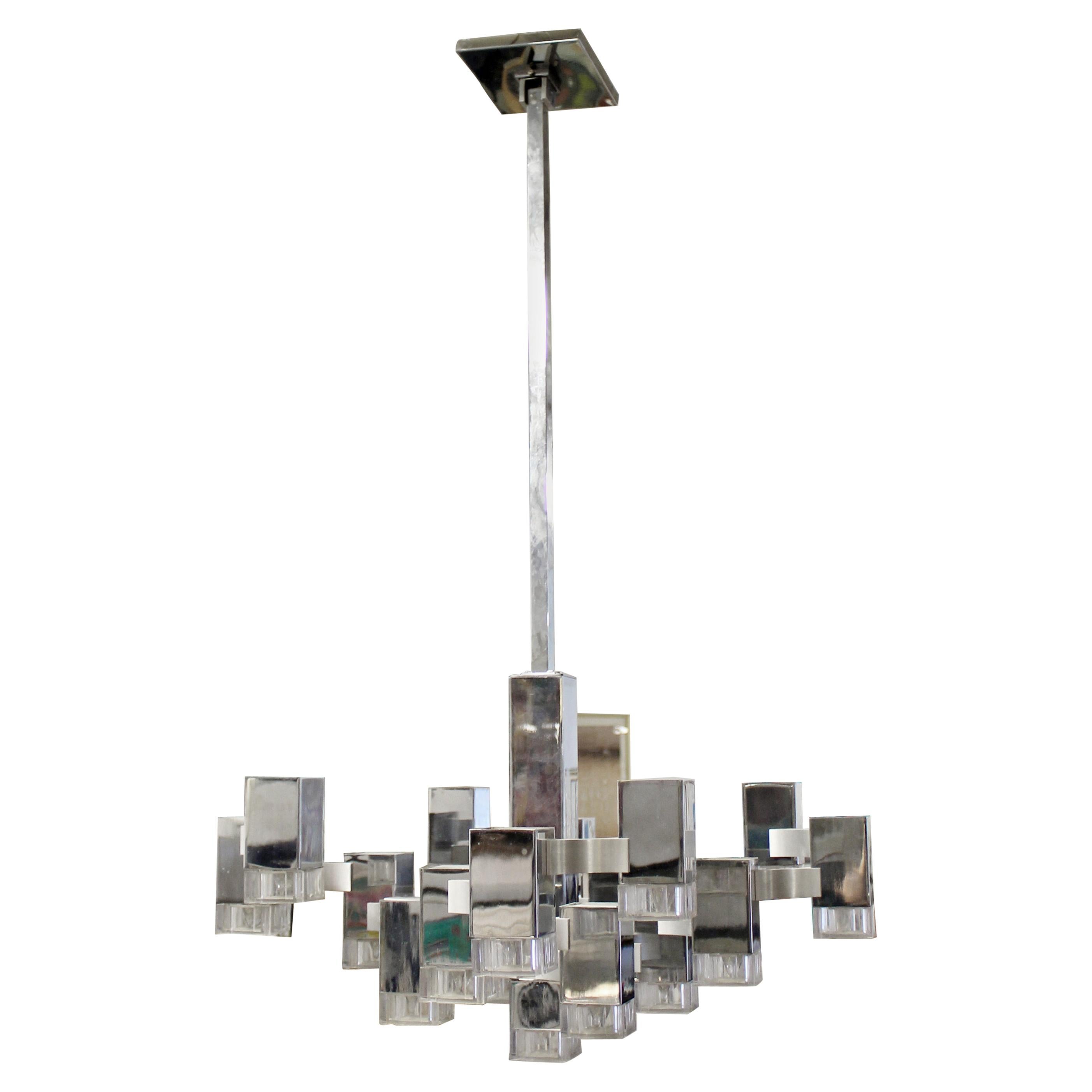 Mid-Century Modern Chrome Lucite Cubic Light Fixture Chandelier Sciolari, 1970s