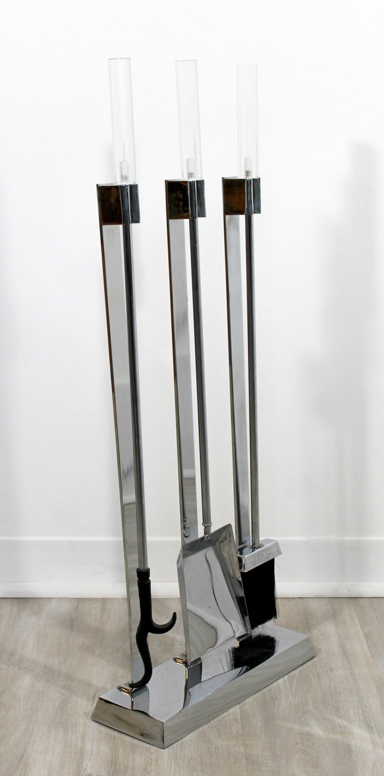 MidCentury Modern Chrome Lucite Fireplace Tool Set Albrizzi Style