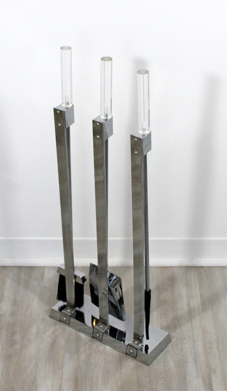 MidCentury Modern Chrome Lucite Fireplace Tool Set Albrizzi Style
