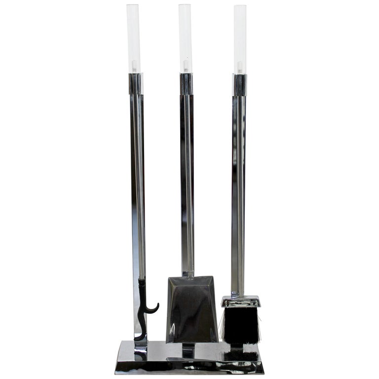 MidCentury Modern Chrome Lucite Fireplace Tool Set Albrizzi Style