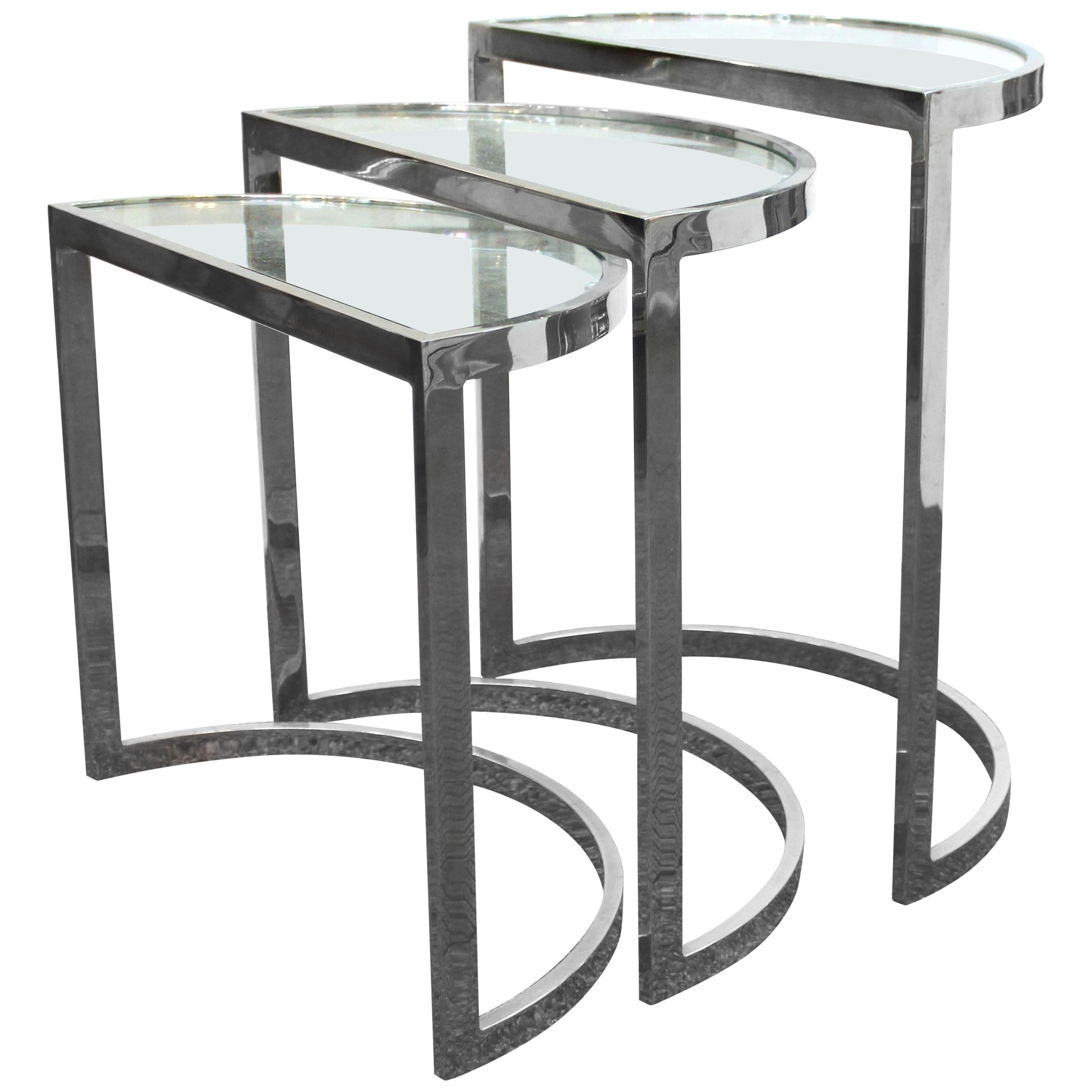 Mid-Century Modern Chrome Nesting Tables in Half-Moon Shapes
