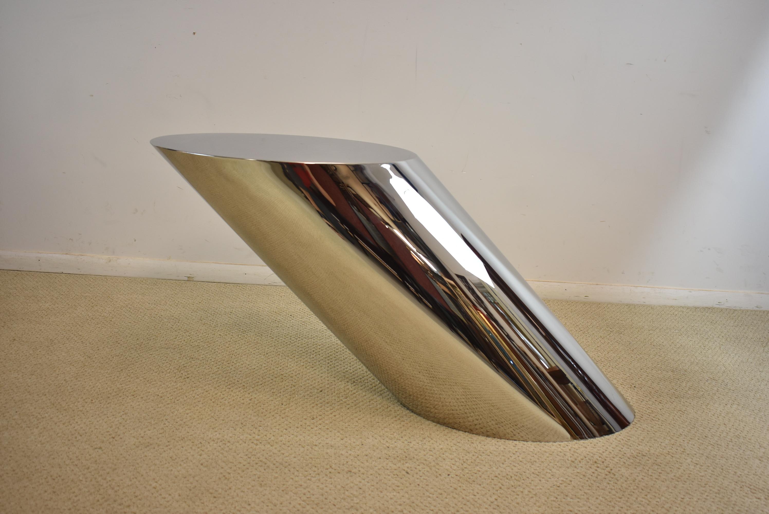 Mid-Century Modern chrome oval slant base side table. #01571, Springfield N.Y. Lable on back but name is worn off. Small dent near bottom as shown in photo. The oval top measures 15