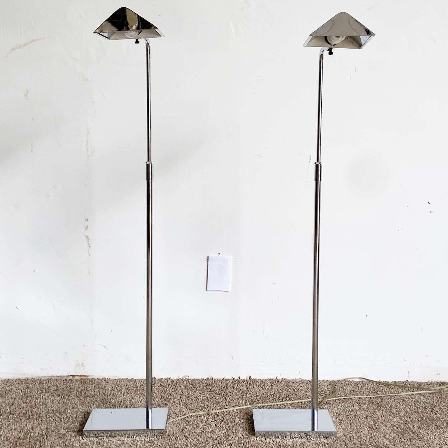 Mid Century Modern Chrome Pharmacists Floor Lamps - a Pair In Good Condition For Sale In Delray Beach, FL