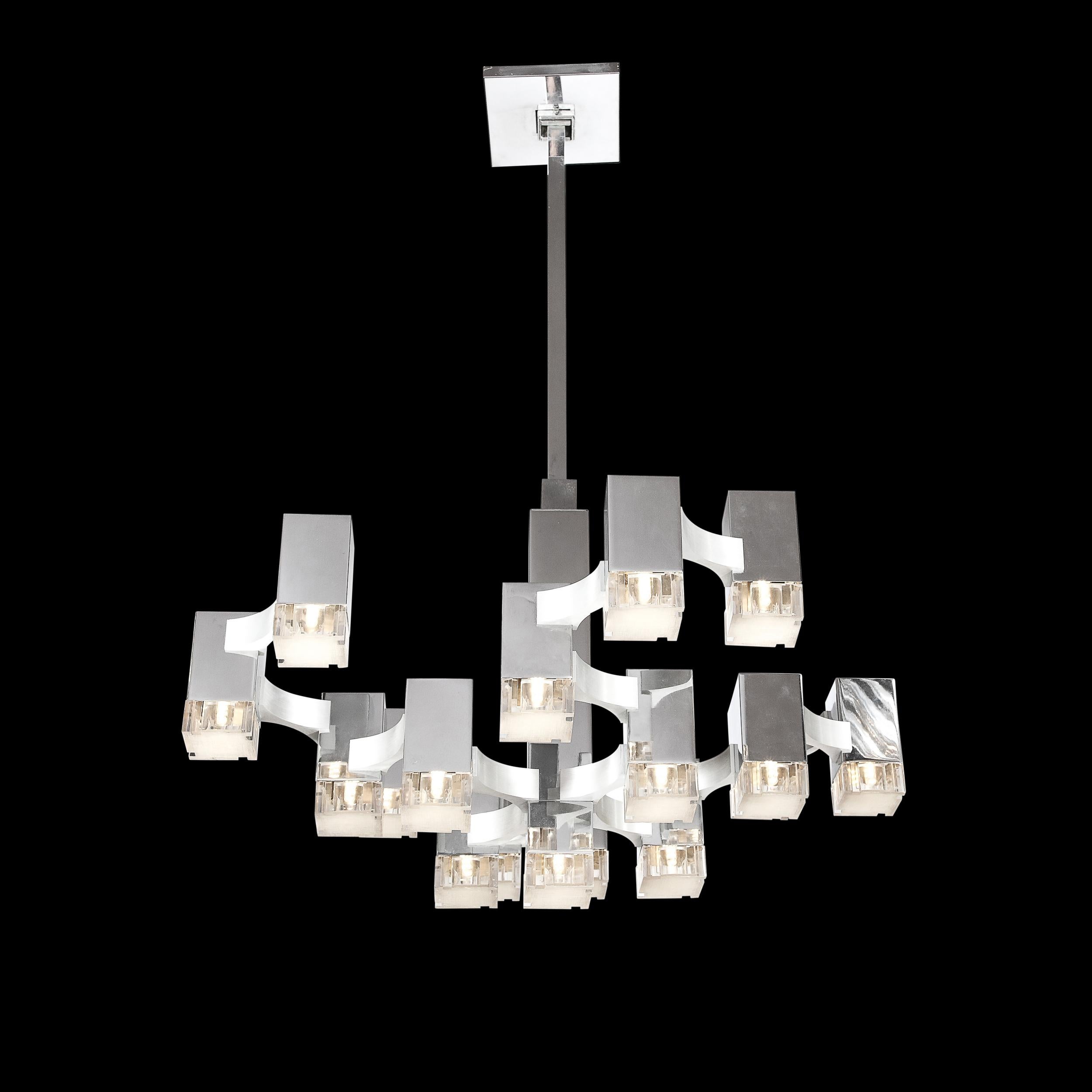 Mid-Century Modern Chrome, Plexiglass & Brushed Aluminum Chandelier by Sciolari In Excellent Condition In New York, NY