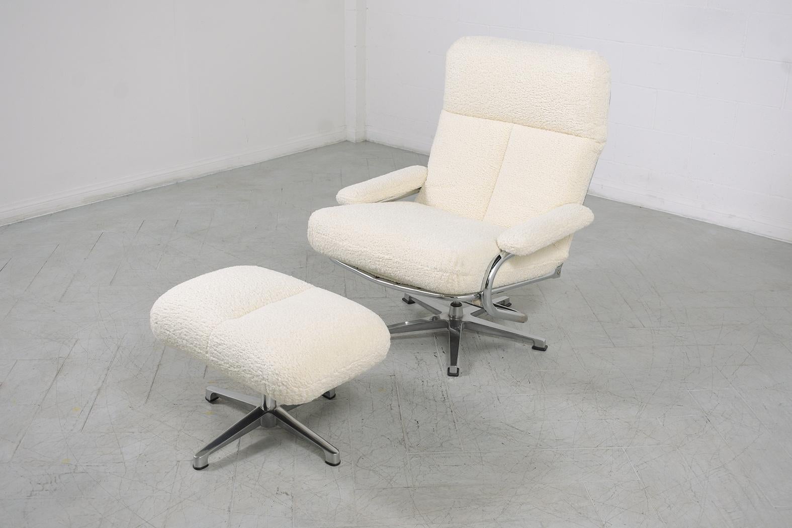 Mid-20th Century 1970s Chrome-Plated Recliner Chair and Ottoman Set with Bouclé Upholstery