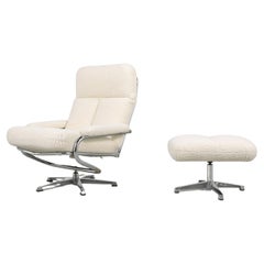 Used 1970s Chrome-Plated Recliner Chair and Ottoman Set with Bouclé Upholstery