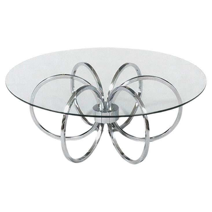 Table basse moderne du milieu du siècle en verre et anneau chromé