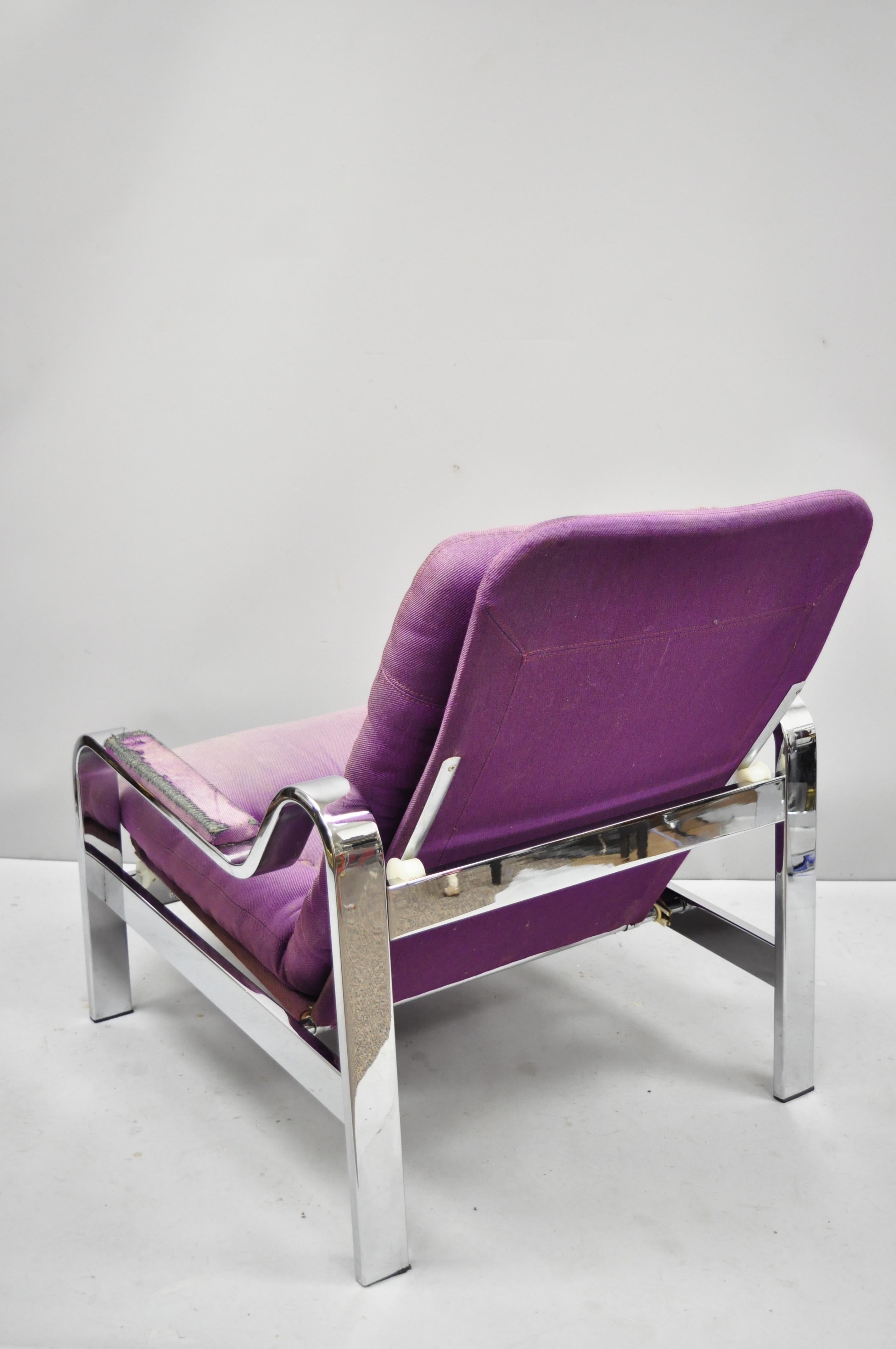 Fabric Mid-Century Modern Chrome Selig Recliner Reclining Lounge Chair After Baughman For Sale