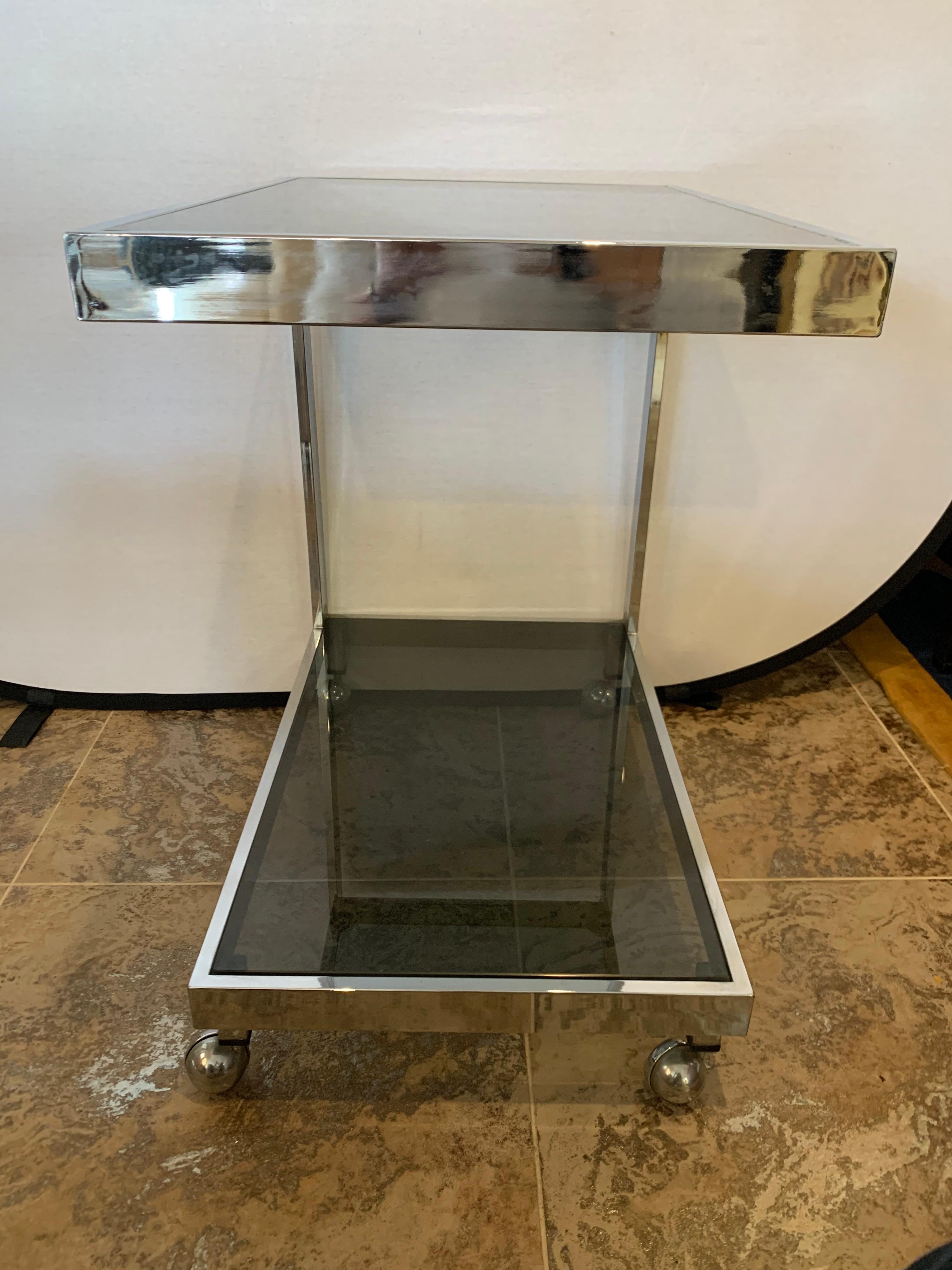 Mid-Century Modern Chrome & Smoked Glass 2-Tier Rolling Bar Cart Trolley Dry Bar 2
