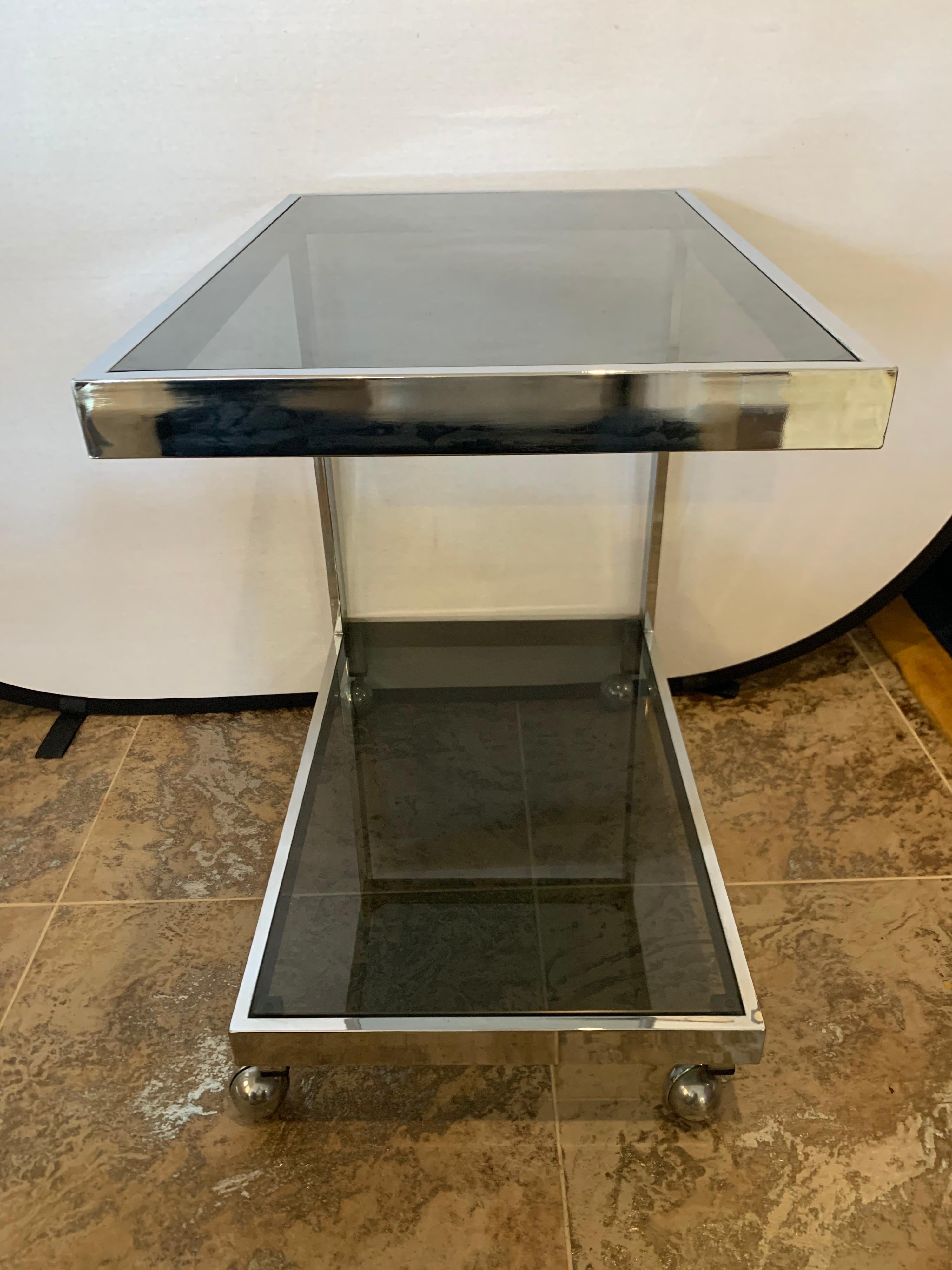 Mid-Century Modern Chrome & Smoked Glass 2-Tier Rolling Bar Cart Trolley Dry Bar 3