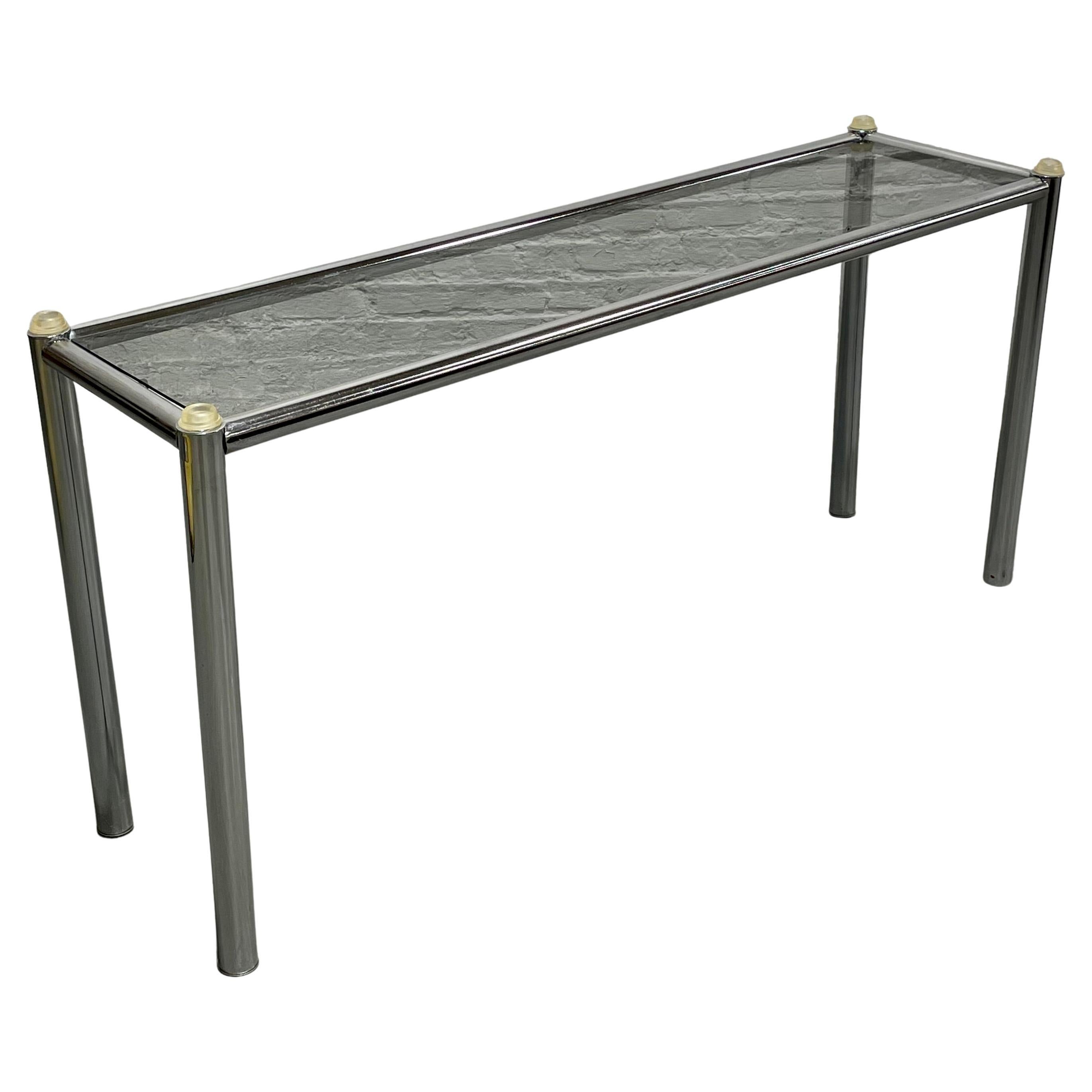Mid Century MODERN Chrome + Smoked Glass CONSOLE TABLE, c. 1960's