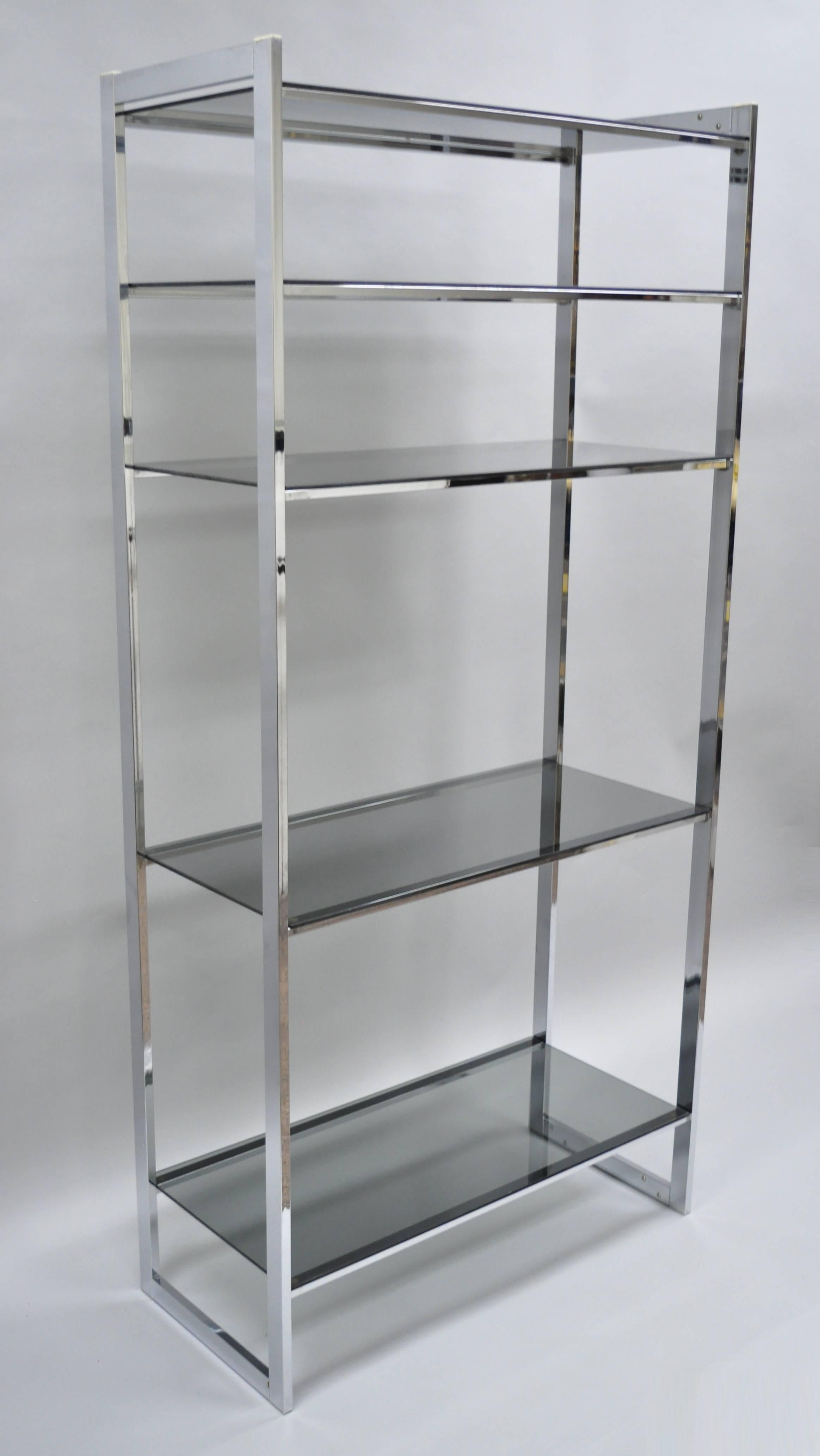 Mid-Century Modern Chrome Smoked Glass Étagère Bookcase Shelf Baughman Style For Sale 2