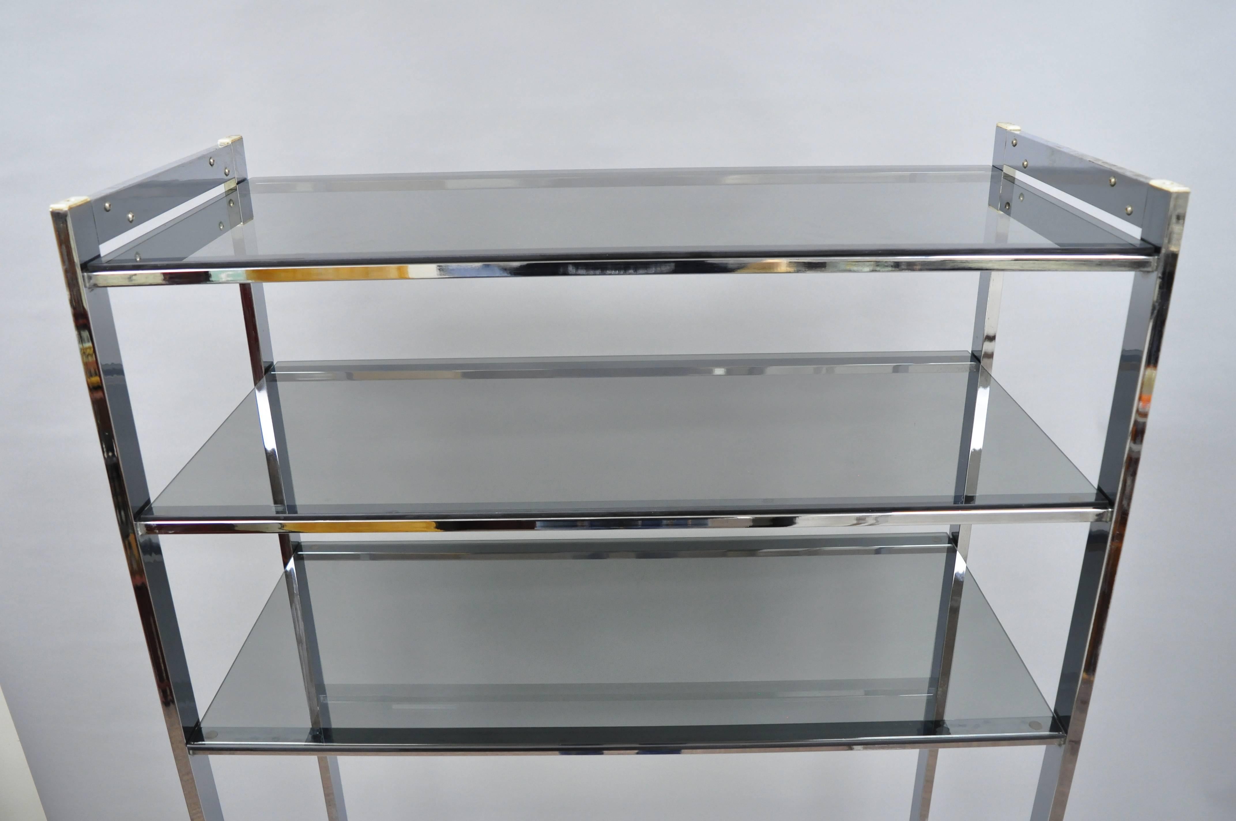 American Mid-Century Modern Chrome Smoked Glass Étagère Bookcase Shelf Baughman Style For Sale