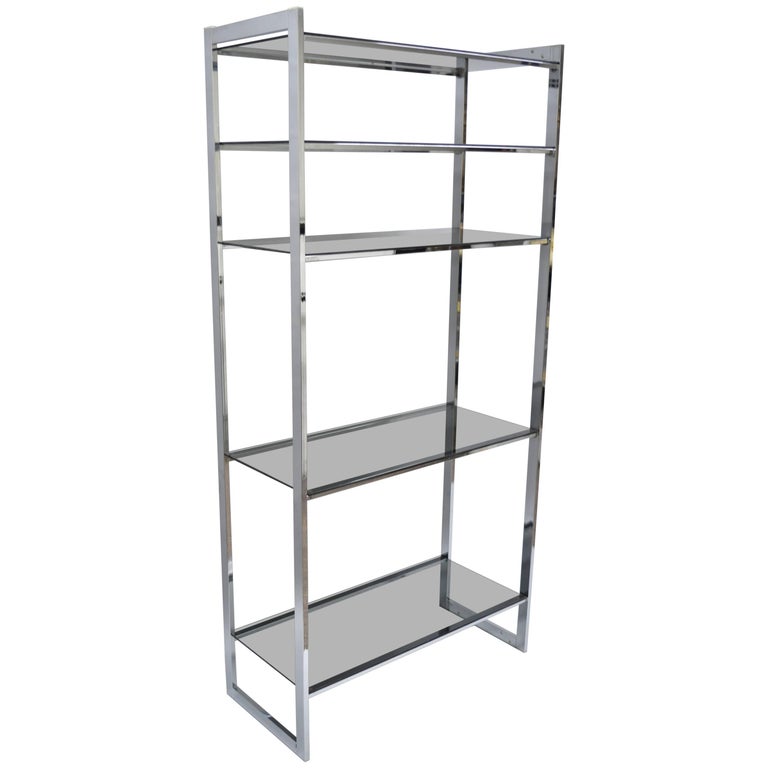 Mid Century Modern Chrome Smoked Glass, Chrome And Glass Bookcase
