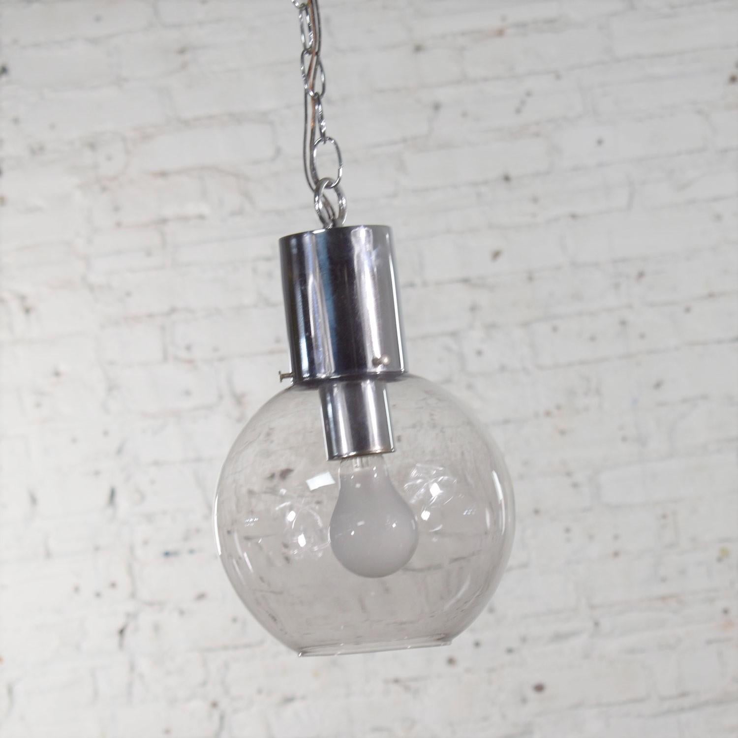 Mid-Century Modern Chrome & Smoked Glass Open Globe Pendant Light Chrome Chain In Good Condition For Sale In Topeka, KS
