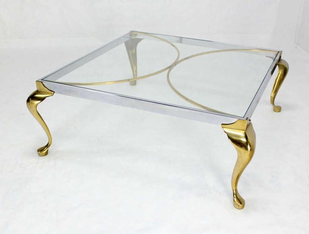 American Mid-Century Modern Chrome Solid Cast Brass Glass Top Square Coffee Table MINT! For Sale
