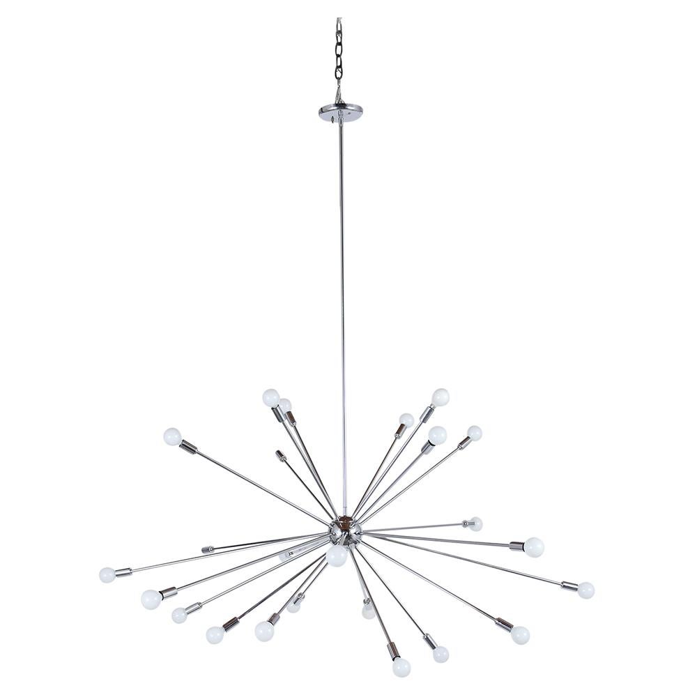 Illuminate your space with the vintage charm of our Mid-Century Modern Sputnik Chandelier, a classic piece that embodies the era's futuristic design. In good condition and fully restored, this chandelier is crafted from steel, featuring numerous