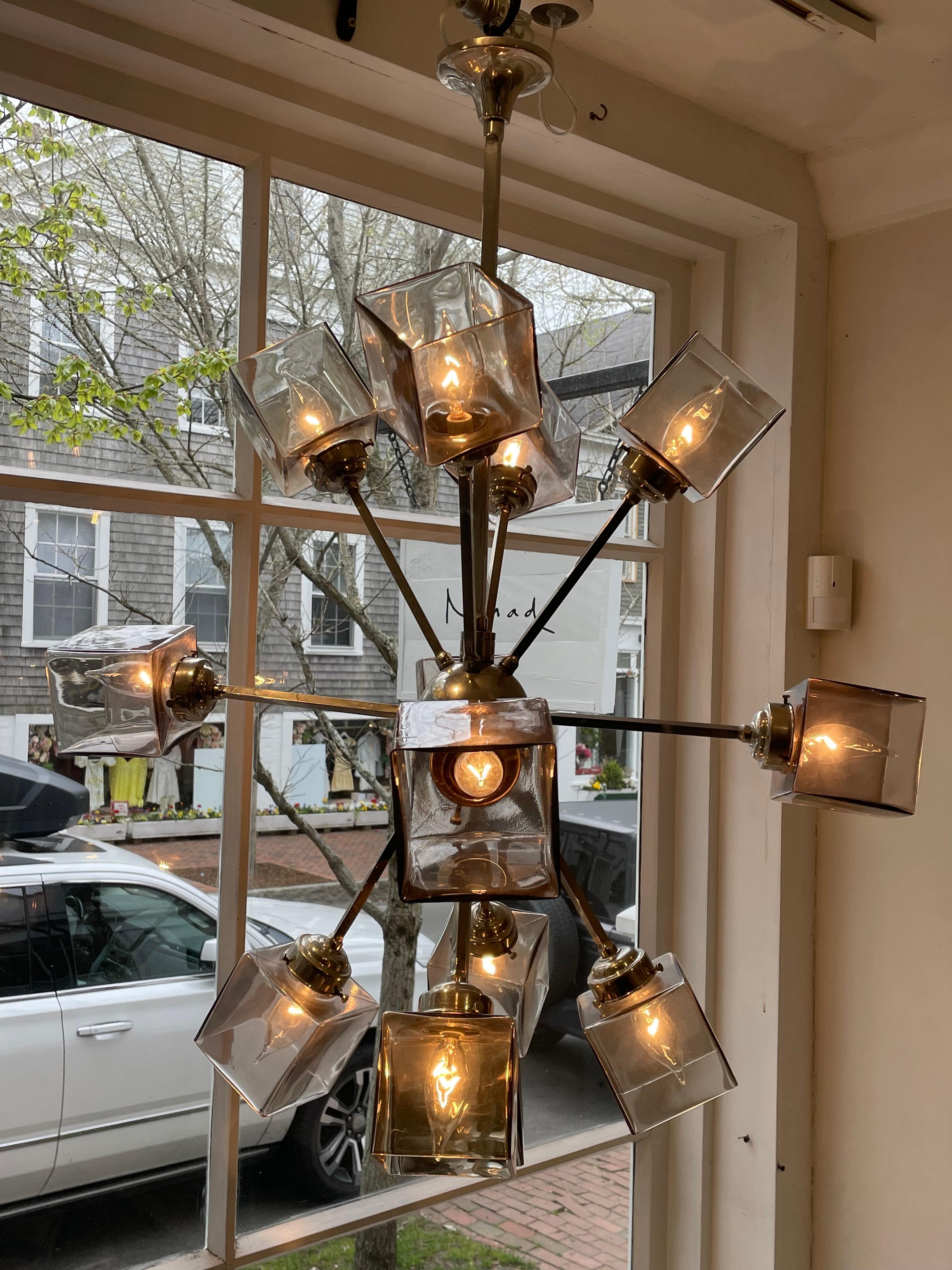 Mid Century Modern Chrome Sputnik Chandelier Pendant Light w Smoked Glass Shades In Good Condition In Nantucket, MA