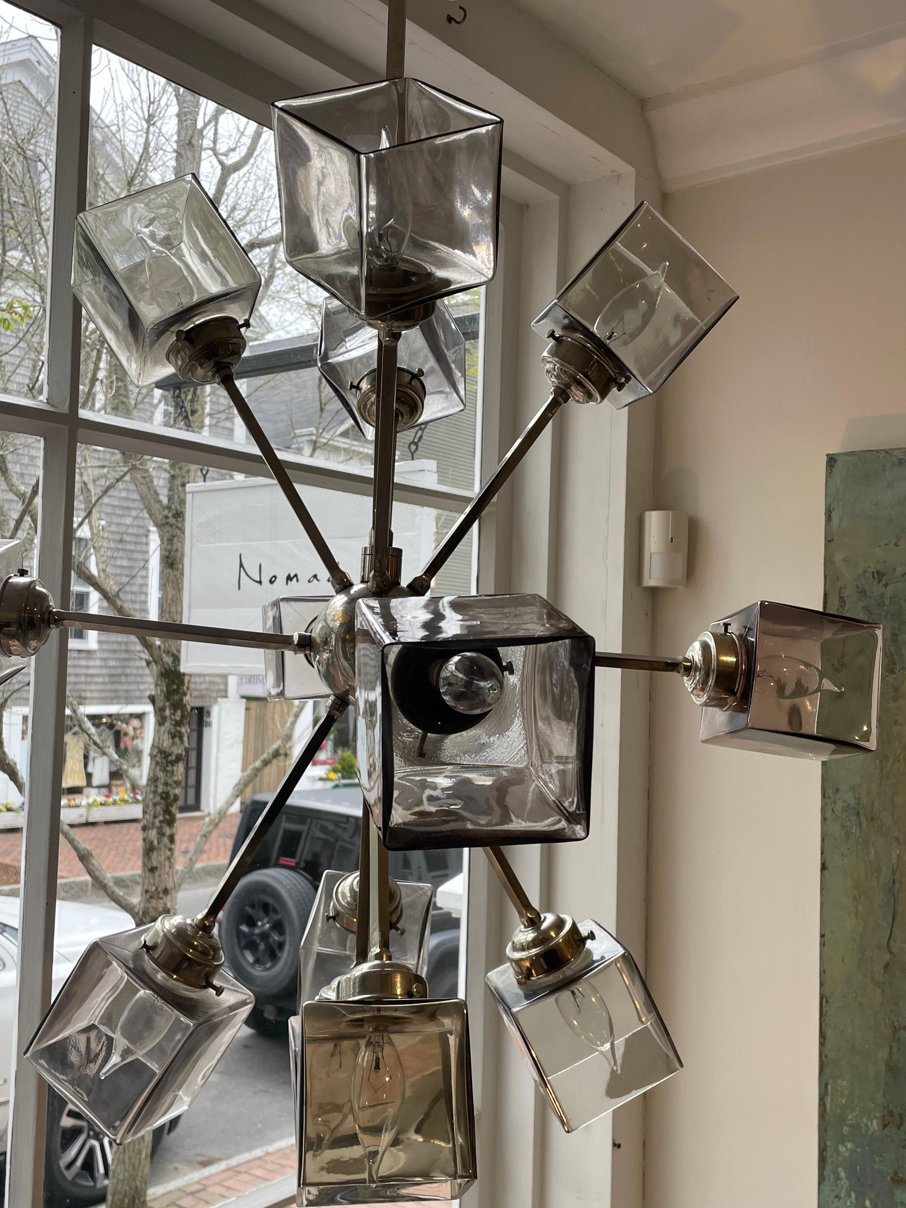 20th Century Mid Century Modern Chrome Sputnik Chandelier Pendant Light w Smoked Glass Shades