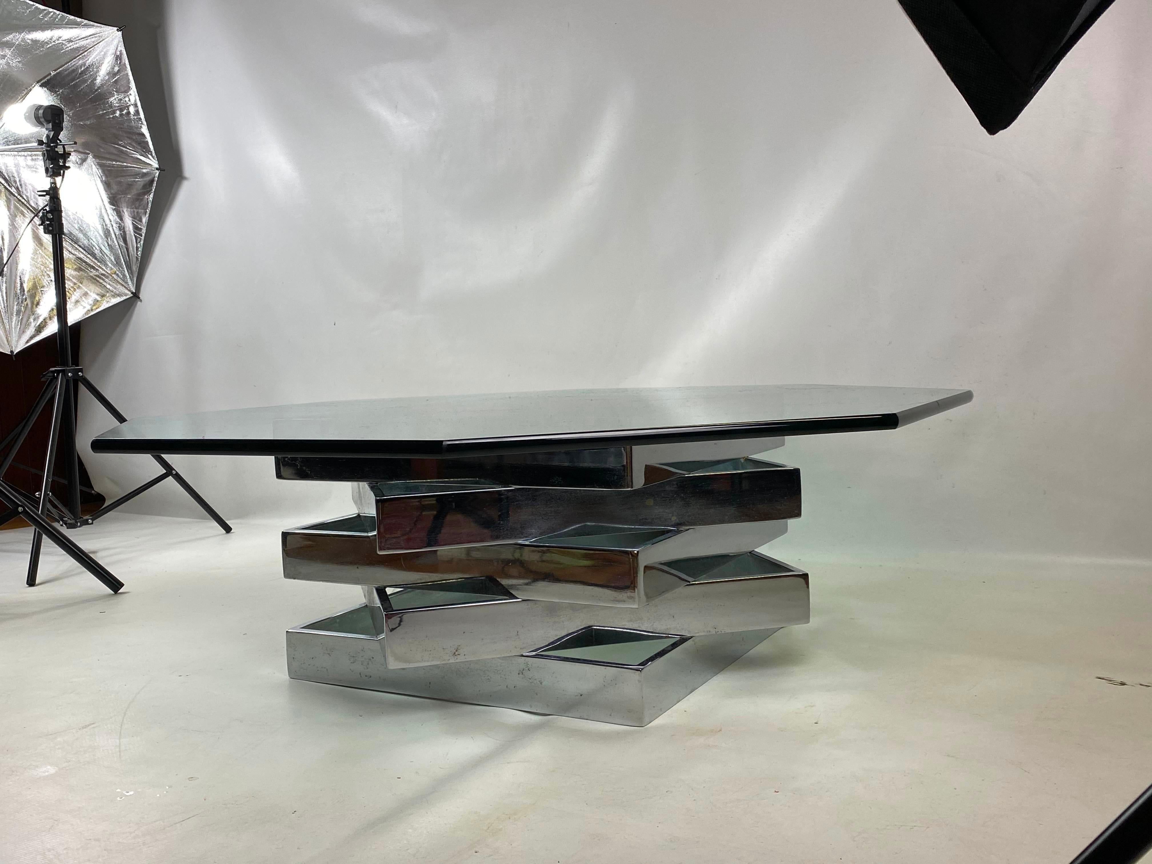 American Mid-Century Modern Chrome Stacked Octagon Glass Coffee Table For Sale