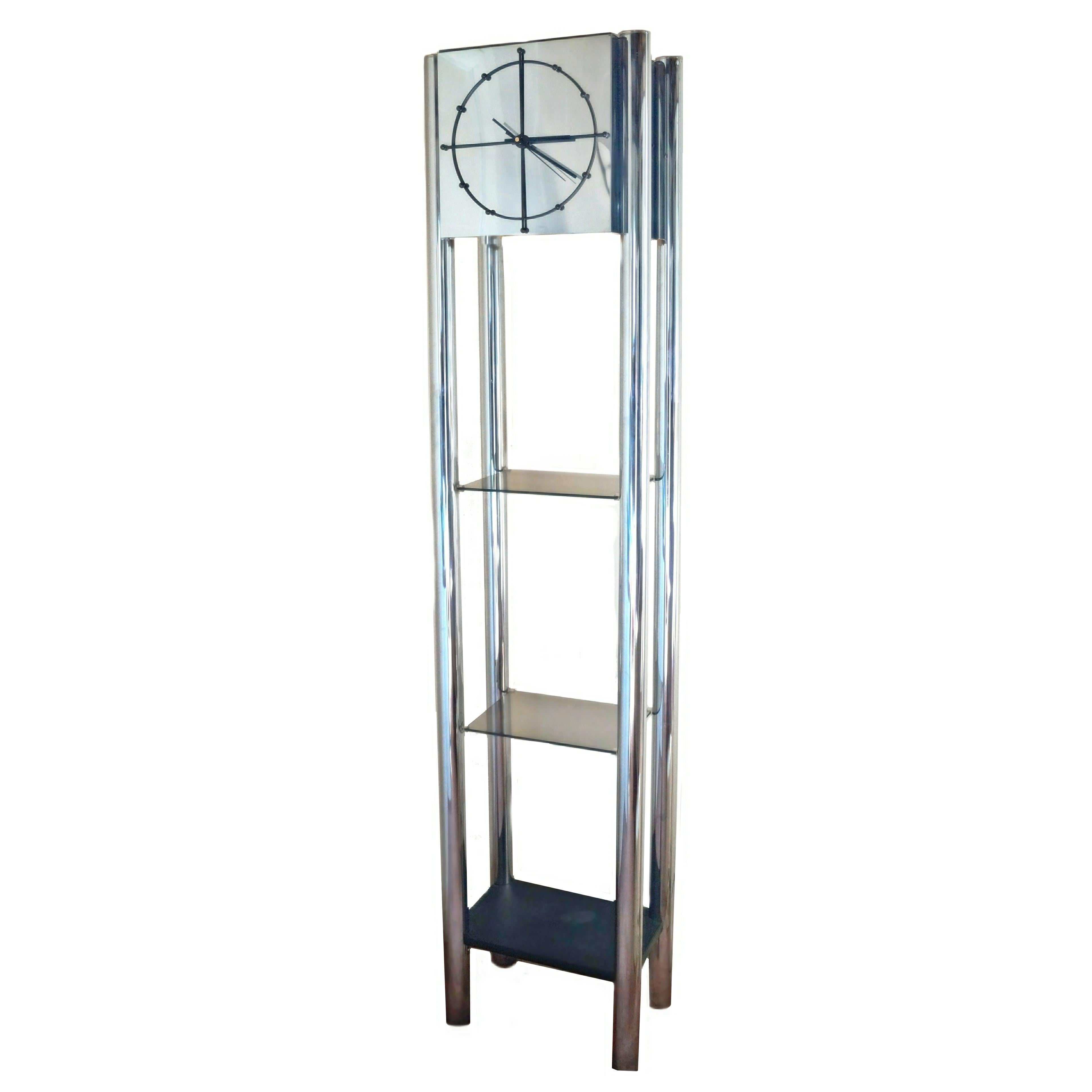 Mid-Century Modern Chrome Standing Grandfather Fall Clock with Étagère For  Sale at 1stDibs | modern grandfather clock with shelves, grandfather clock  with glass shelves, chrome grandfather clock