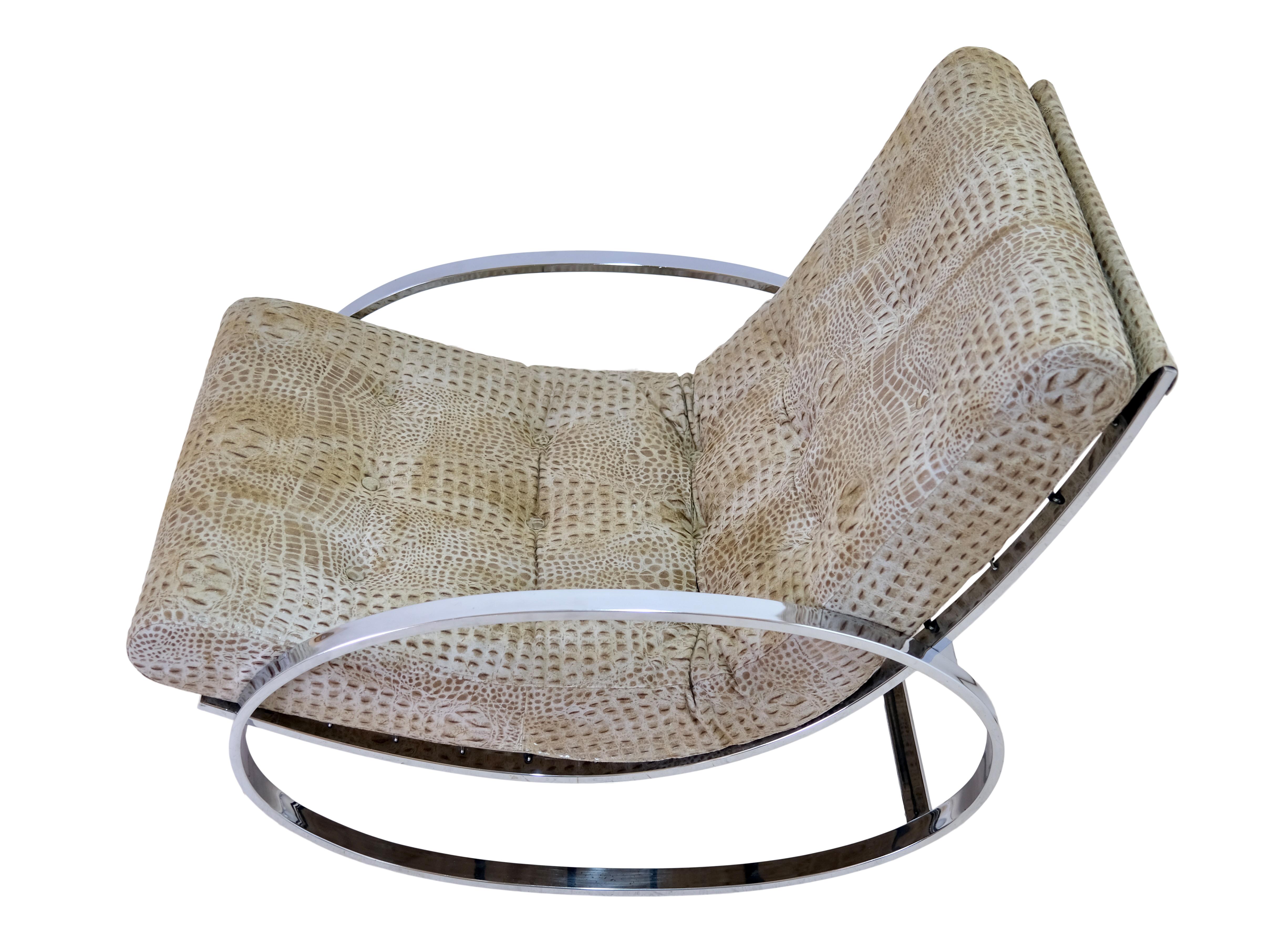 French Mid-Century Modern Chrome Steel Tube Rocking Chairs with Croco-Stlye Upholstery For Sale