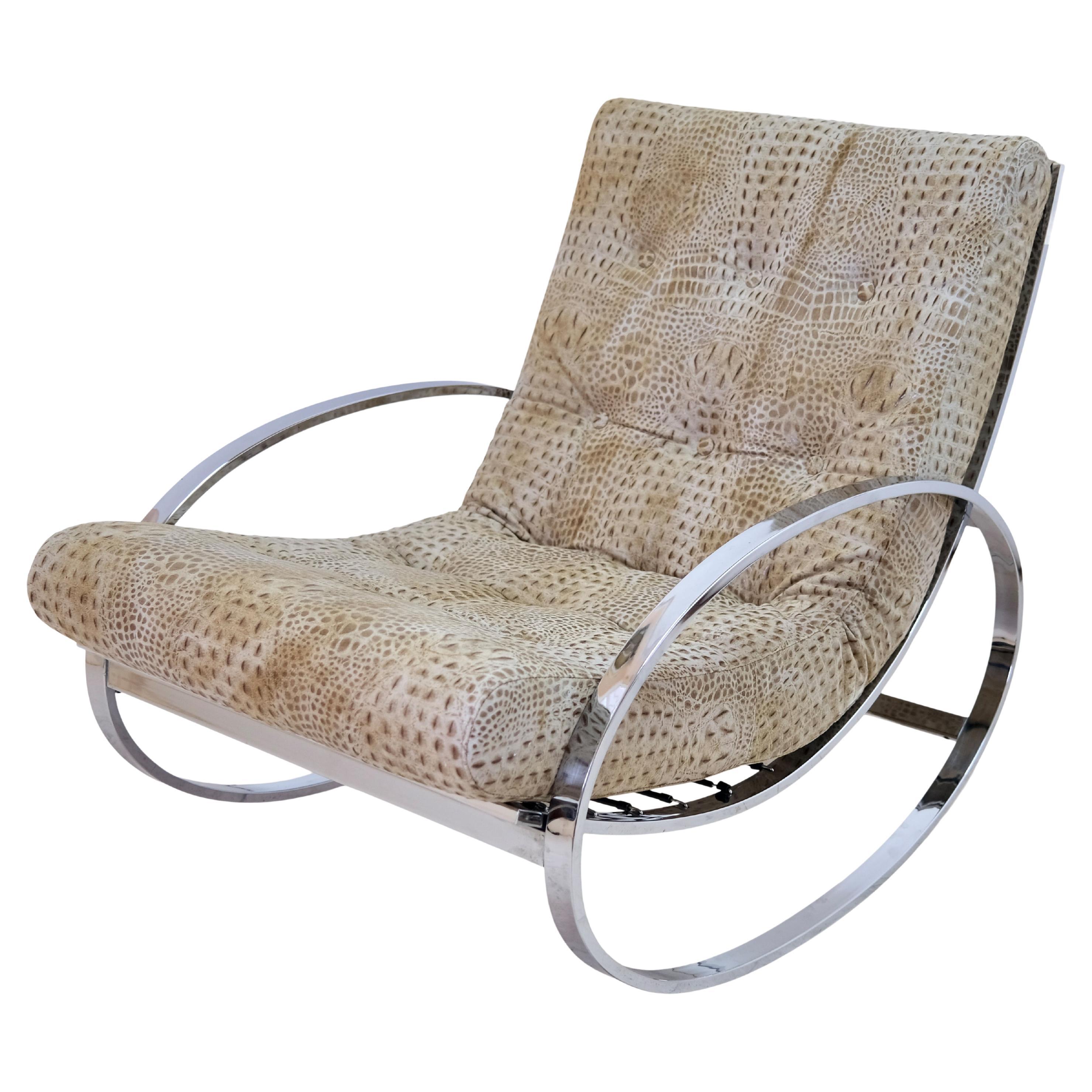Mid-Century Modern Chrome Steel Tube Rocking Chairs with Croco-Stlye Upholstery For Sale