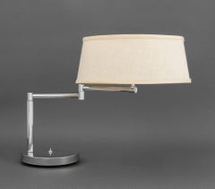 Mid-Century Modern Chrome Swing-Arm Table Lamp, White Linen Shade