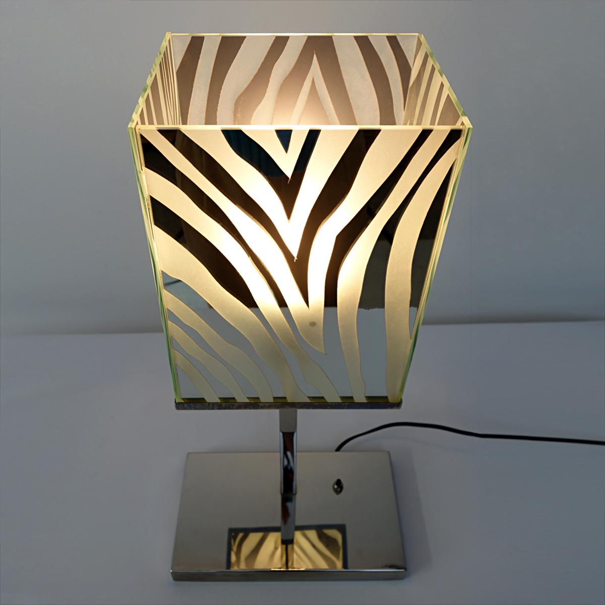 Mid-Century Modern Chrome Table Lamp with Glass Zebra Print Shade For Sale 4