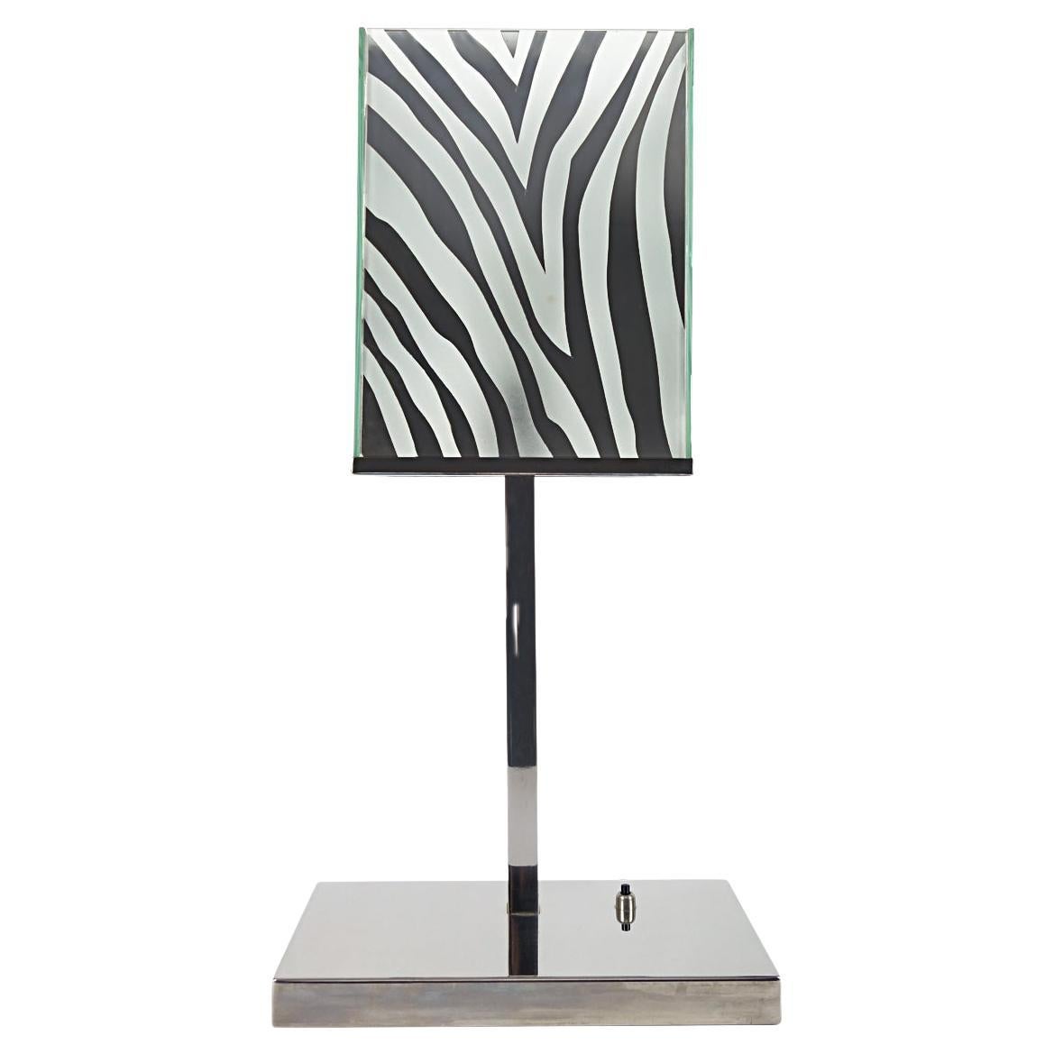 Mid-Century Modern Chrome Table Lamp with Glass Zebra Print Shade For Sale