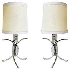 Mid-century Modern Chrome Table Lamps with Shades, Wired, Good Working Condition