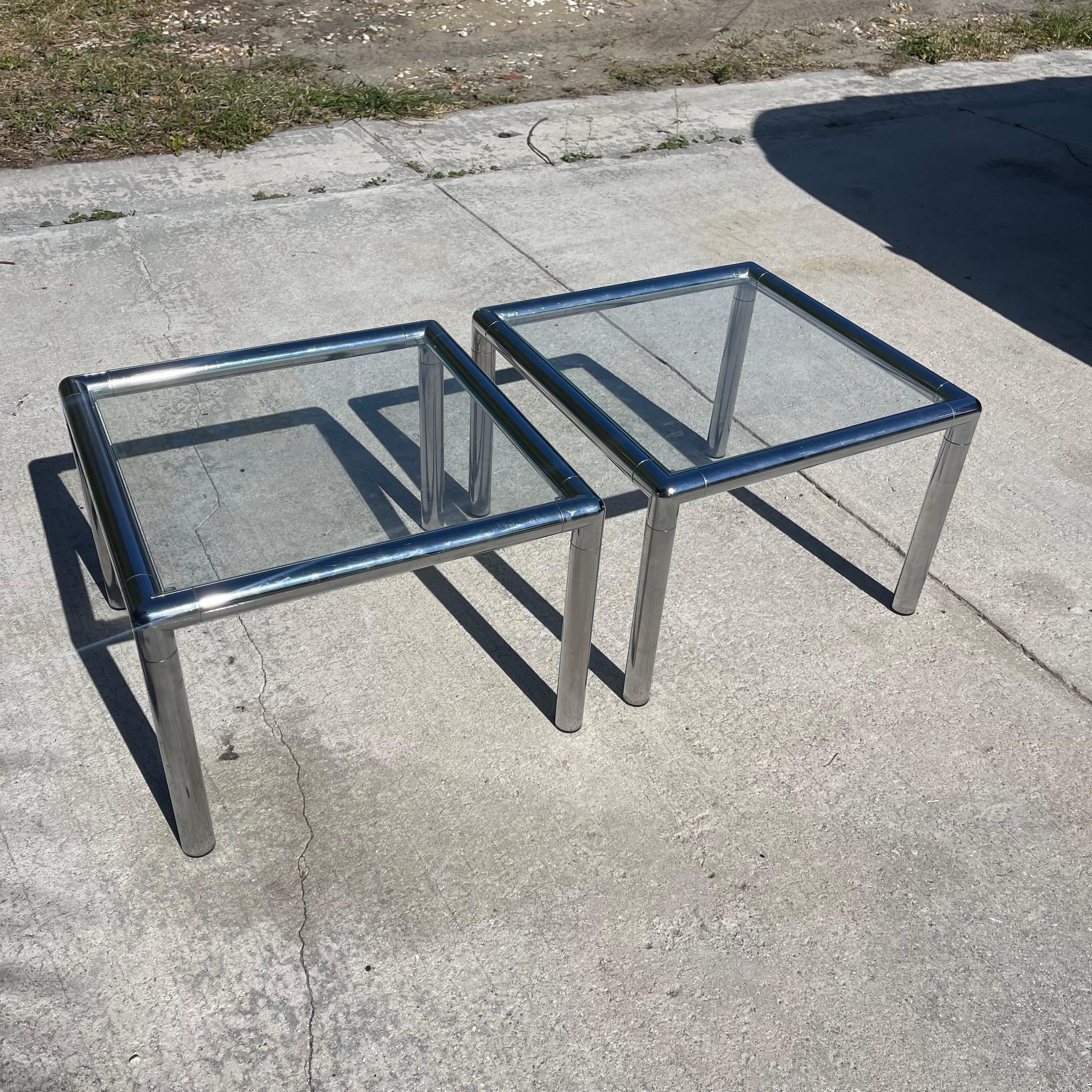 20th Century Mid Century Modern Chrome Tubular Glass Top Side Tables, a Pair For Sale