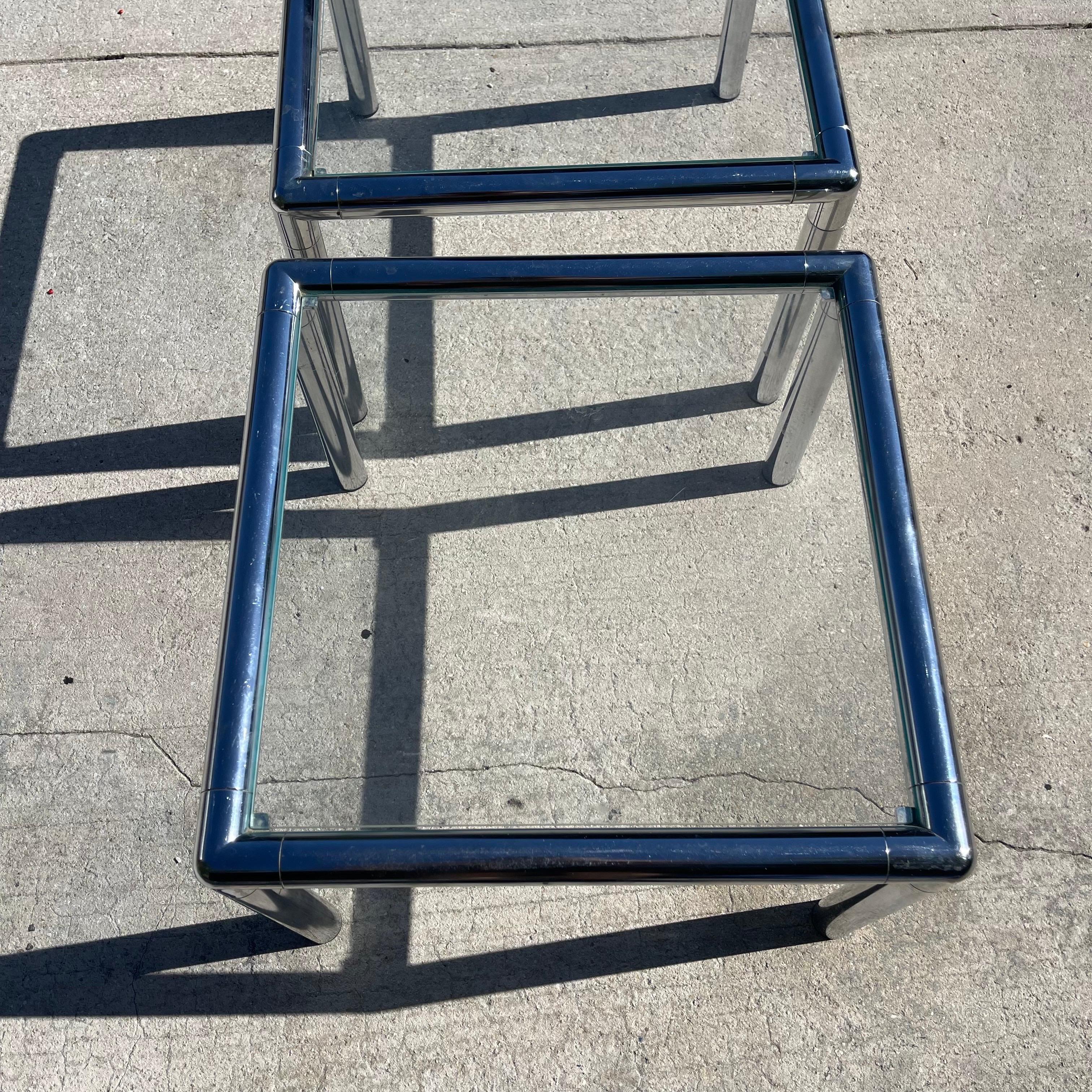 Mid Century Modern Chrome Tubular Glass Top Side Tables, a Pair For Sale 3