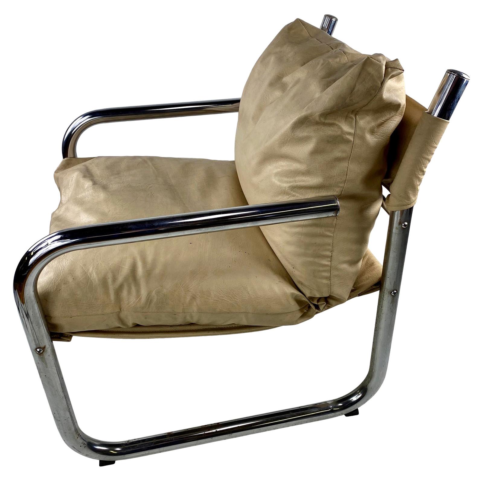 Mid-Century Modern Chrome Tubular Leather Sling Lounge Chair