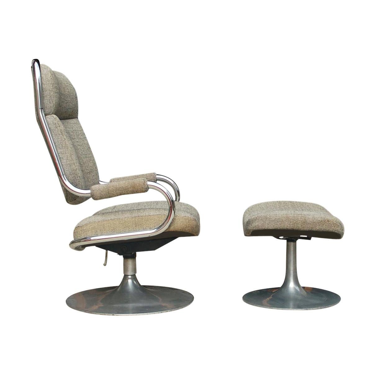 MidCentury Modern Chrome Tubular Swivel Lounge Chair with Foot Stool