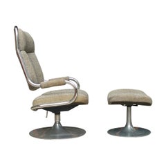 Vintage Mid-Century Modern Chrome Tubular Swivel Lounge Chair with Foot Stool