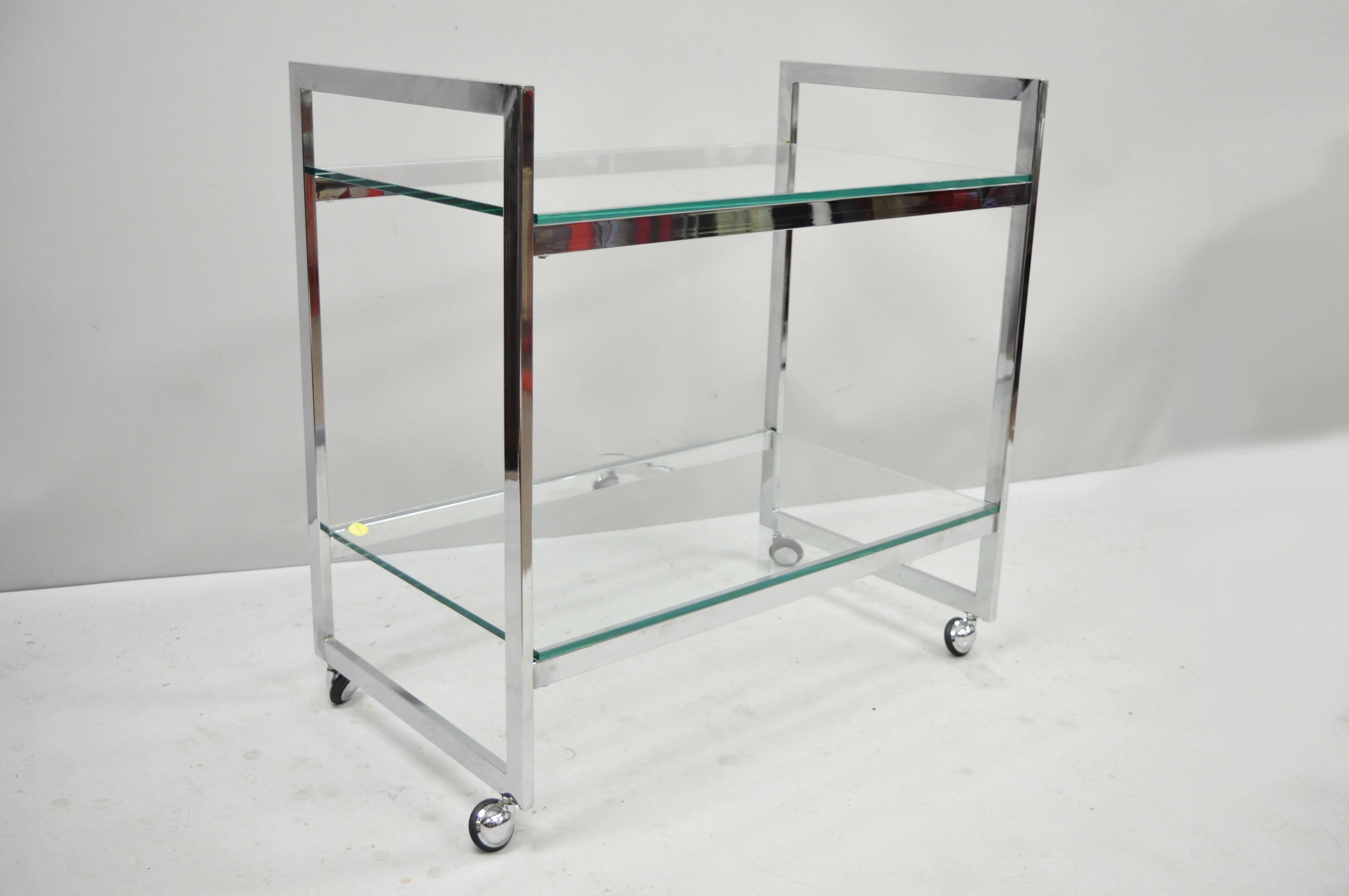 Mid-Century Modern Chrome Two-Tier Glass Rolling Bar Cart DIA Baughman Style In Good Condition In Philadelphia, PA