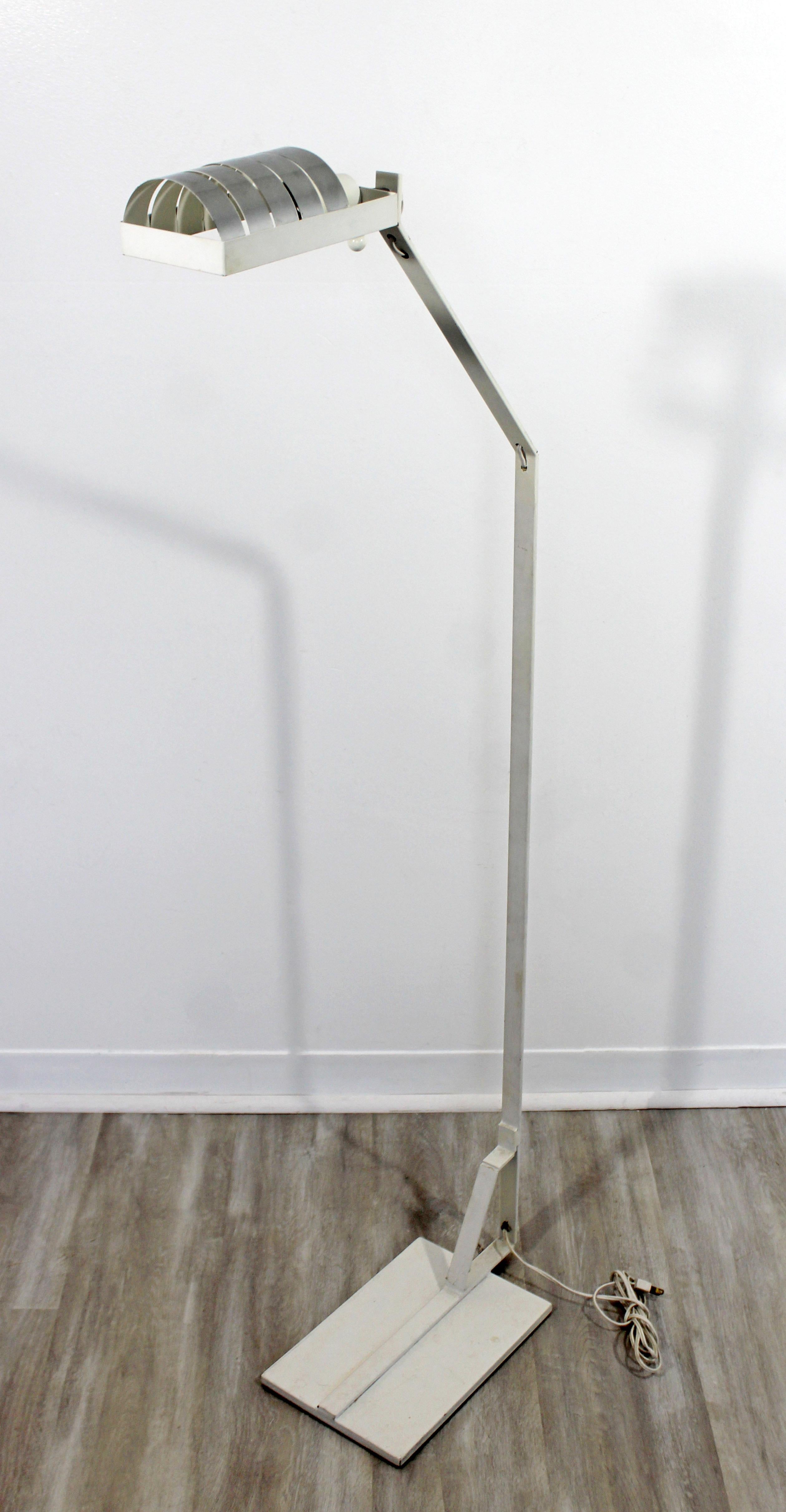 American Mid-Century Modern Chrome and White Metal Adjustable Reading Floor Lamp, 1970s