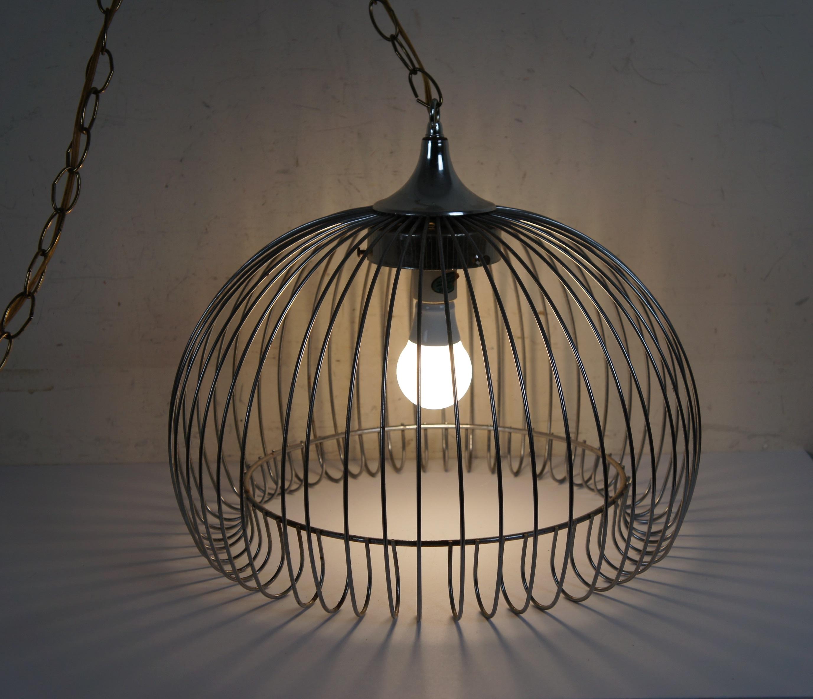Mid Century Modern Chrome Wire Bird Cage Swag Chandelier Pendant Light 17