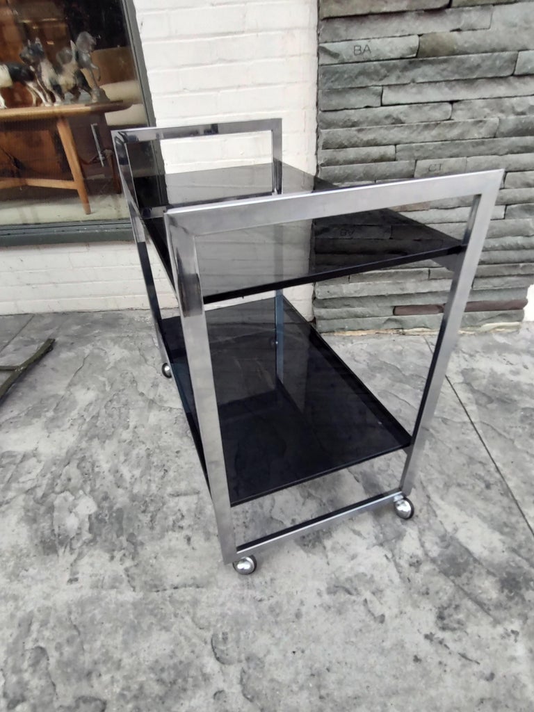 American Mid-Century Modern Chrome with Black Glass Bar Cart, C1970 For Sale