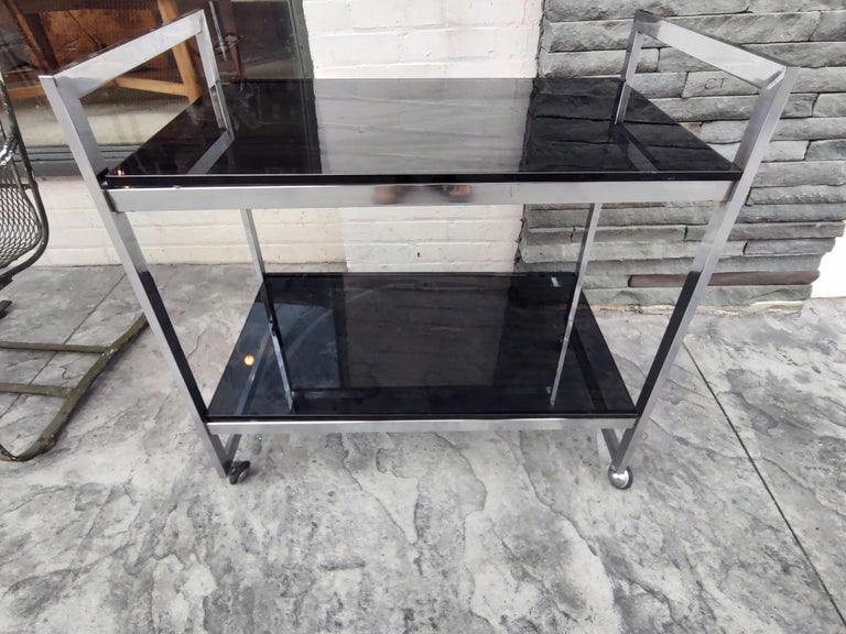 Plated Mid-Century Modern Chrome with Black Glass Bar Cart, C1970 For Sale