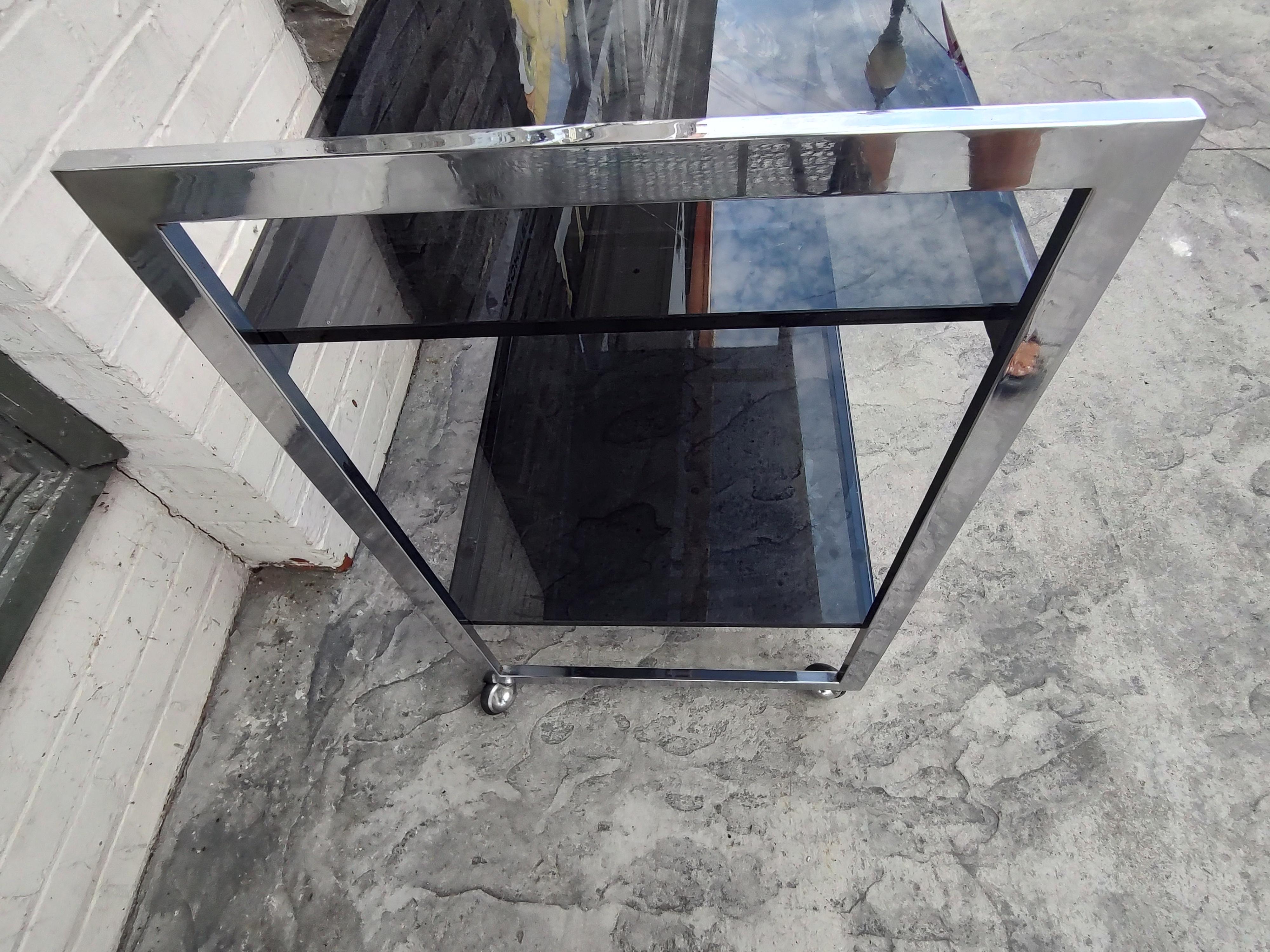 Smoked Glass Mid-Century Modern Chrome with Black Glass Bar Cart, C1970 For Sale