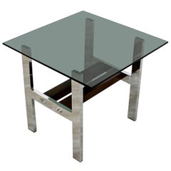 Mid-Century Modern Chrome Wood Smoked Glass Milo Baughman Side End Table 1970s