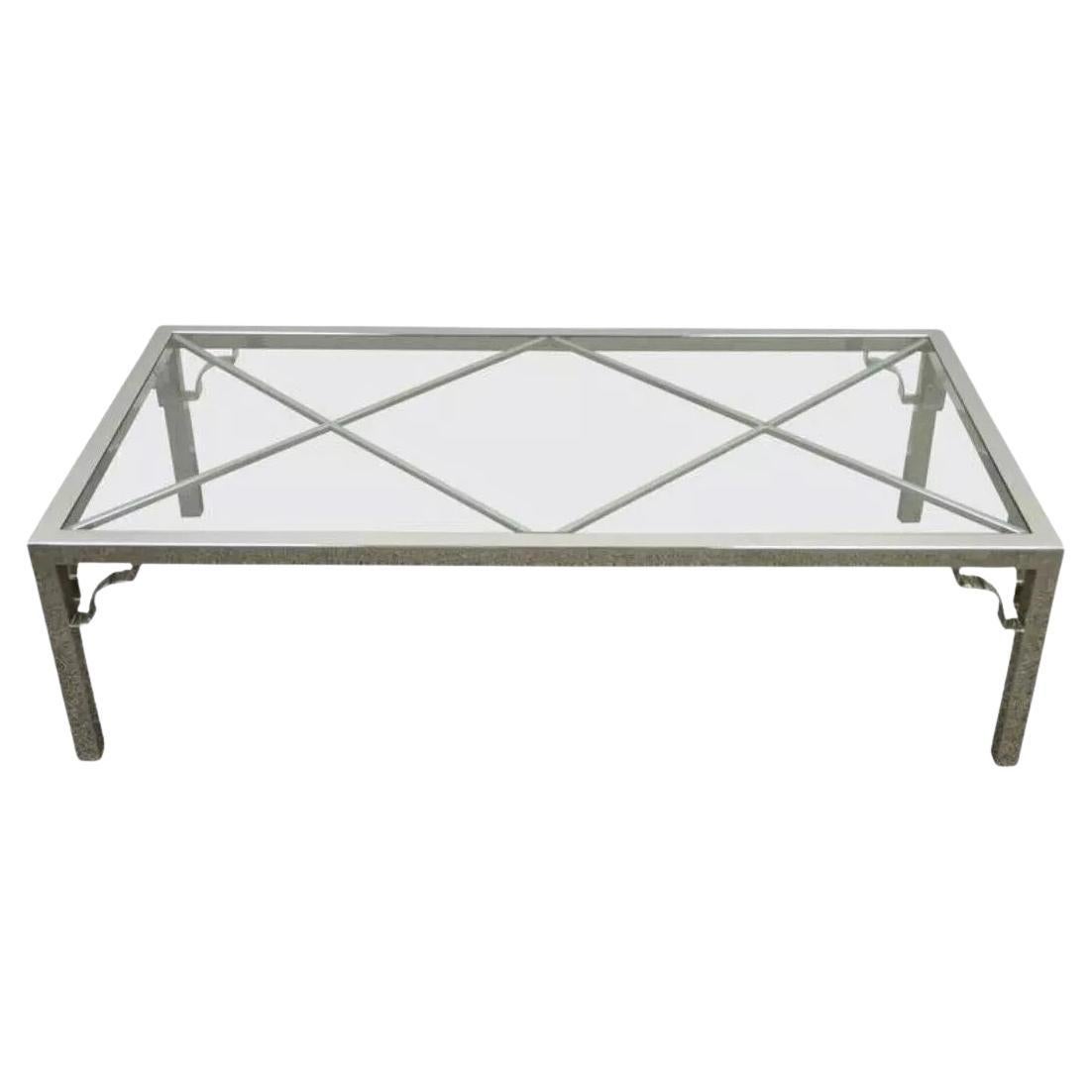 Hollywood Regency-Couchtisch mit X-förmiger Glasplatte aus Chrom, Mid-Century Modern