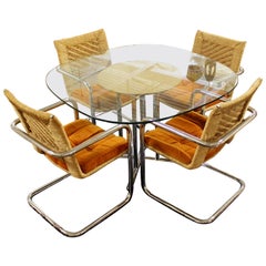 Mid-Century Modern Chromecraft Chrome Rush Rope Rattan Dining Dinette Set 1970s