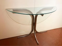 Table console demi-lune de style « Mid-Century Modern » à piètement chromé et plateau en verre, années 1970