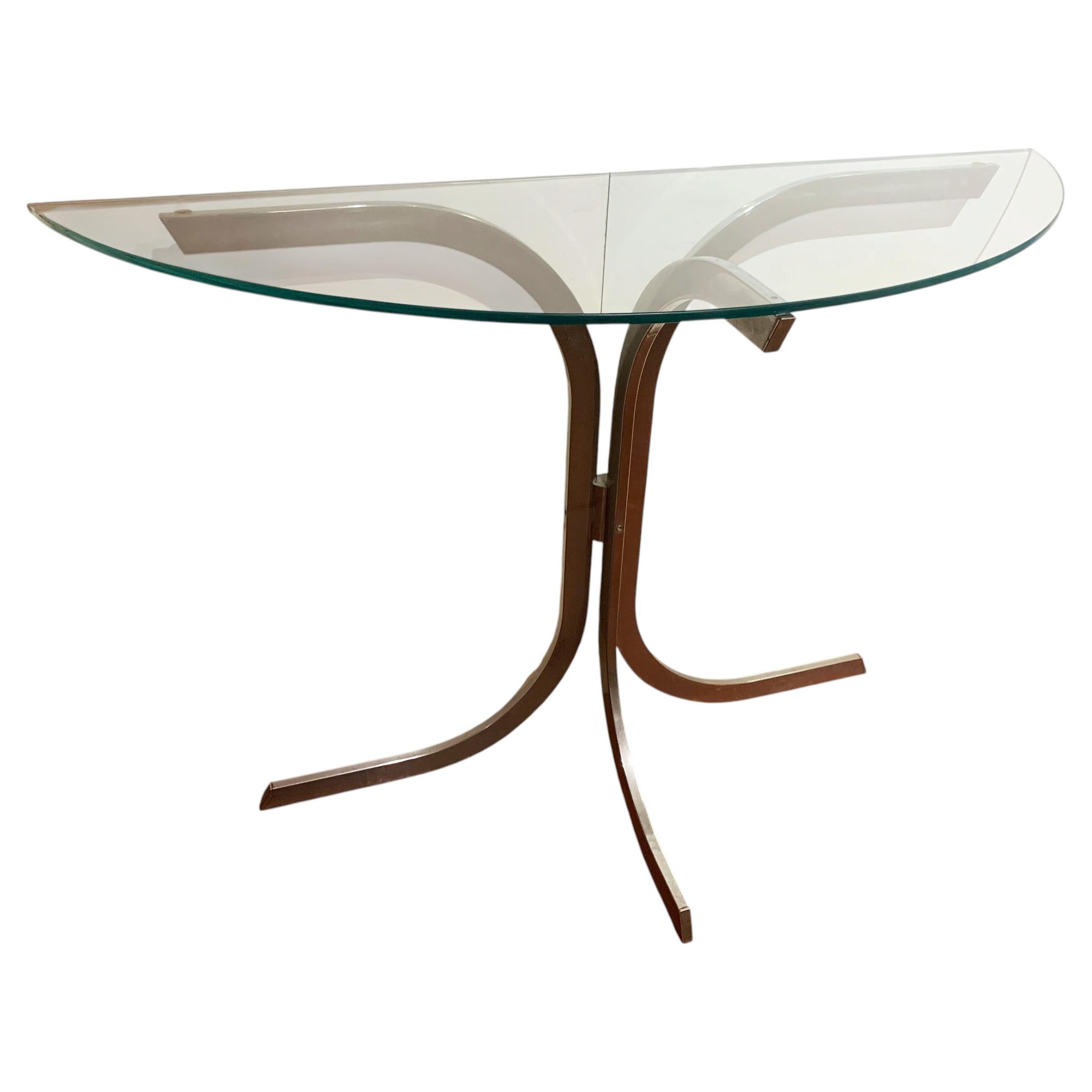 Table console demi-lune de style « Mid-Century Modern » à piètement chromé et plateau en verre, années 1970