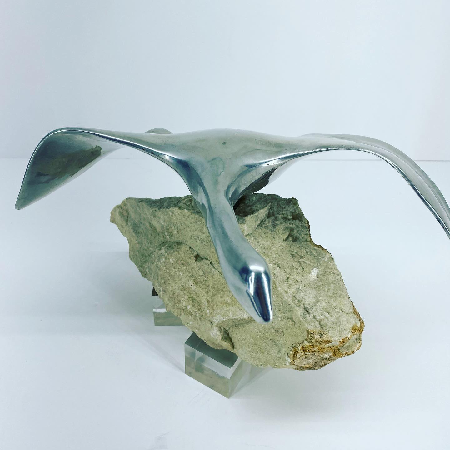 American Mid-Century Modern Chrome Sculpture Of Canadian Goose On Rock Stand For Sale