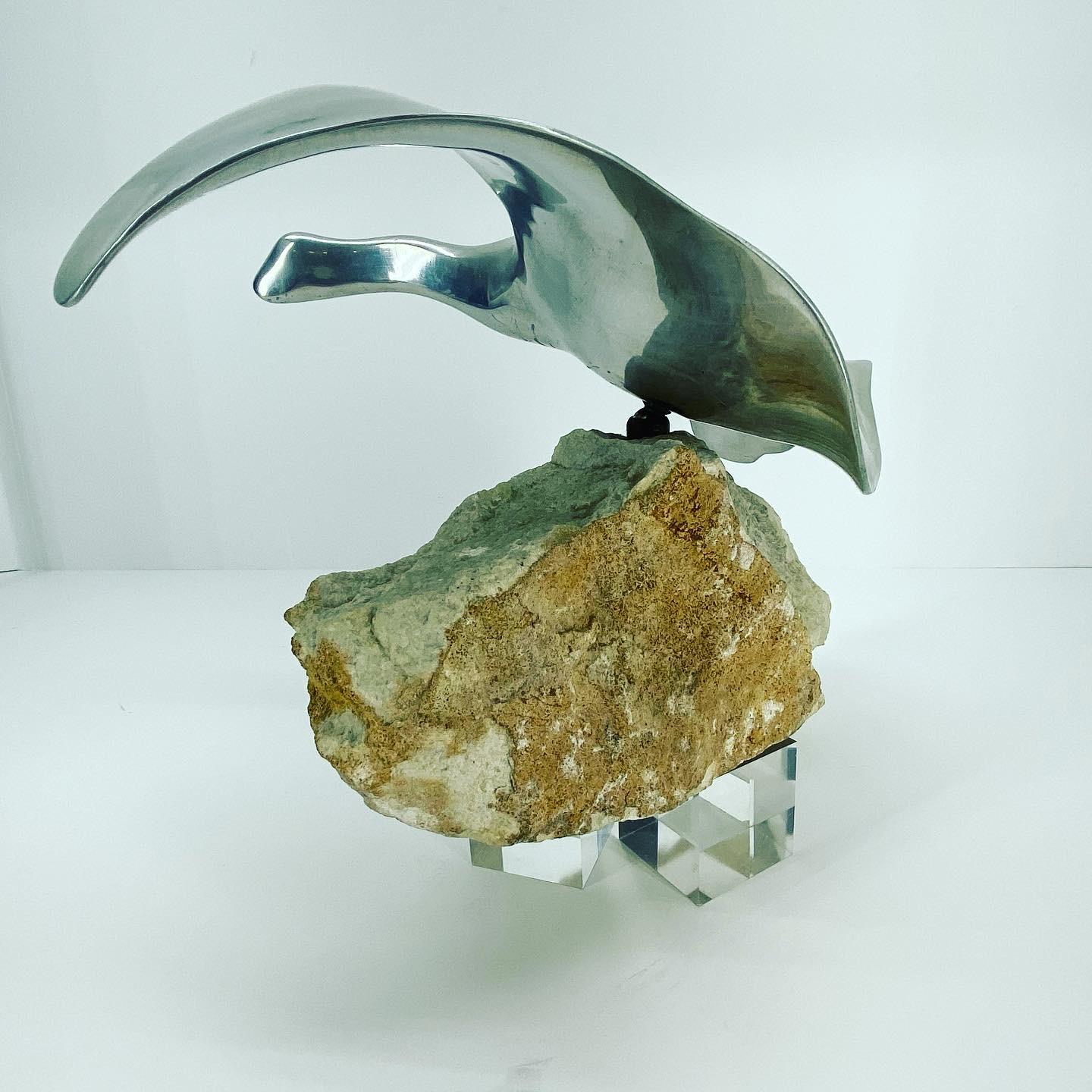 Hand-Crafted Mid-Century Modern Chrome Sculpture Of Canadian Goose On Rock Stand For Sale